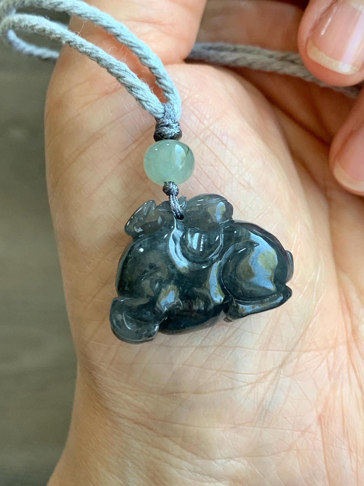 Natural Grade A Icy Translucent Gelatinous Dark Wuji Jade Jadeite Carved Tang Horse Pendant Rope Necklace 26" 11g 天然冰透乌鸡翡翠唐马吊坠挂件 TMW407