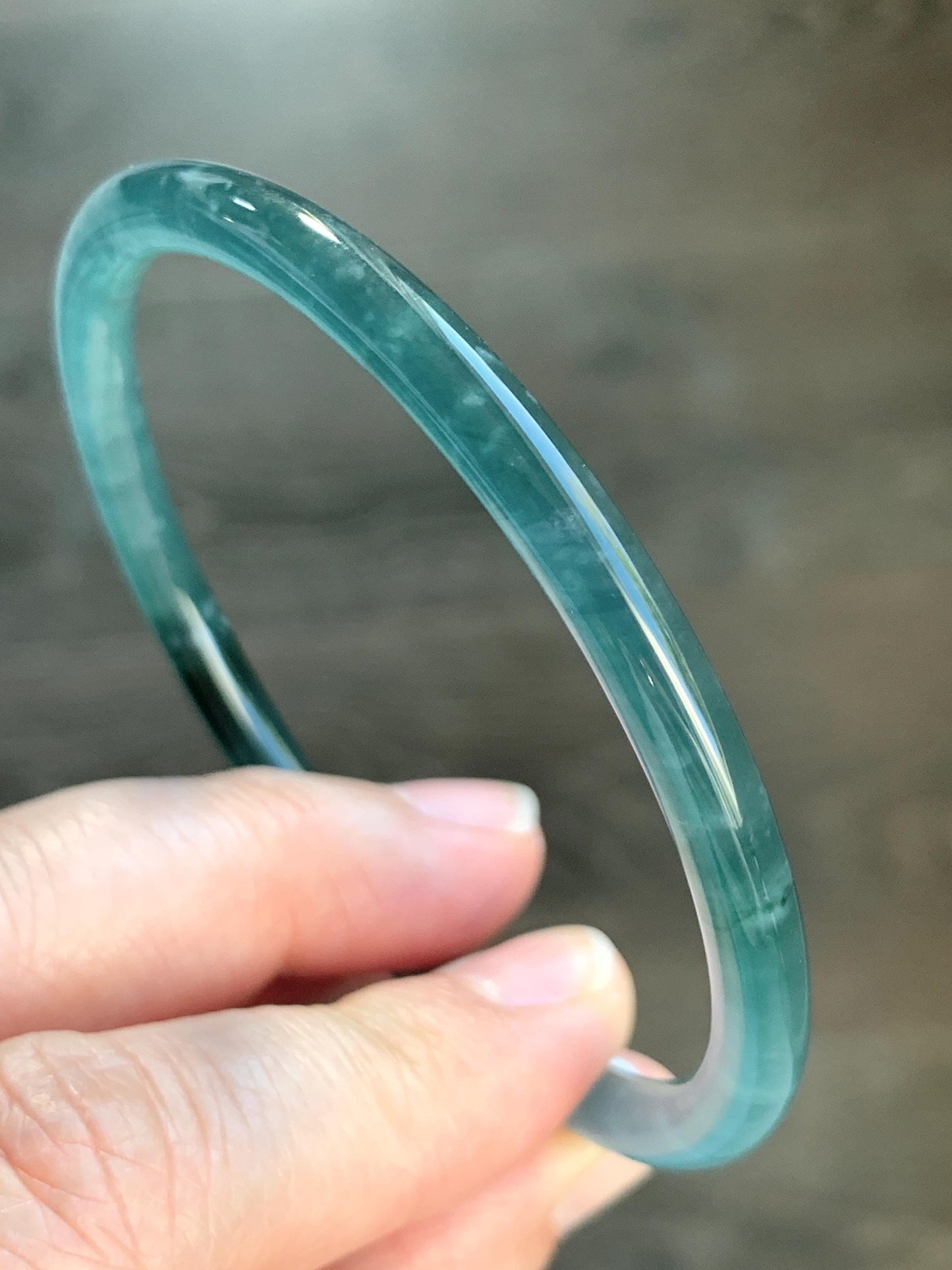 Certified Natural Guatemalan Icy Highly Translucent Gelatinous Dark Teal Blue Jadeite Slim Bangle 59.7mm 15.38g 天然老种冰胶危蓝翡翠细圆条手镯 1139
