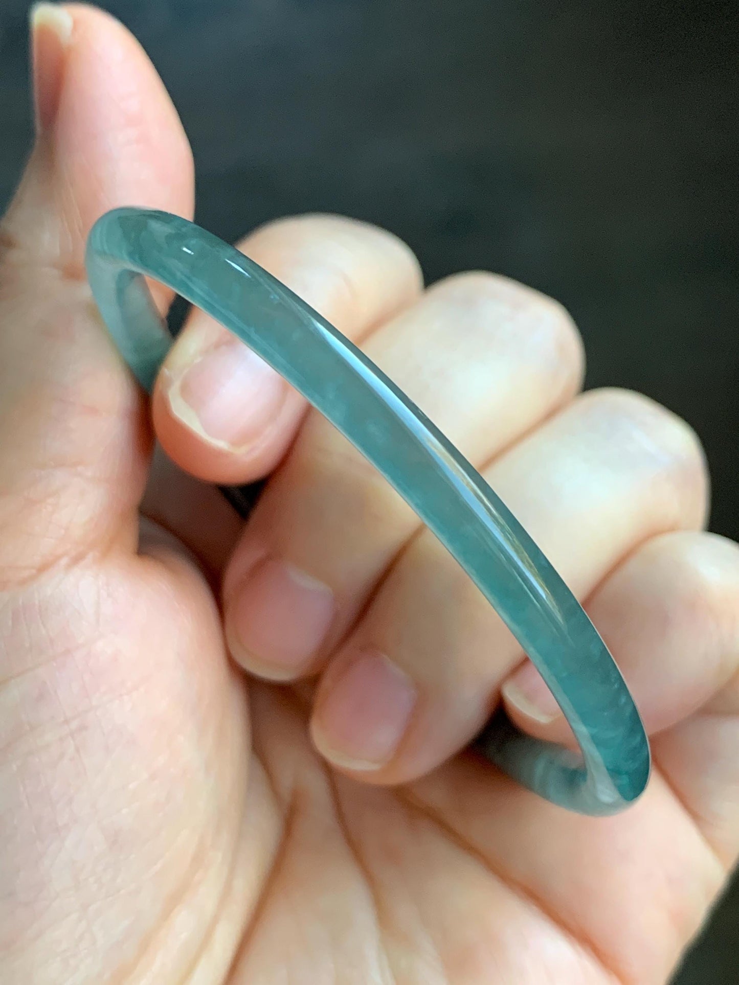 Certified Natural Guatemalan Icy Highly Translucent Gelatinous Teal Blue Jadeite Slim Bangle 54.54mm 11.75g 天然老种冰胶危蓝翡翠细圆条手镯 1136