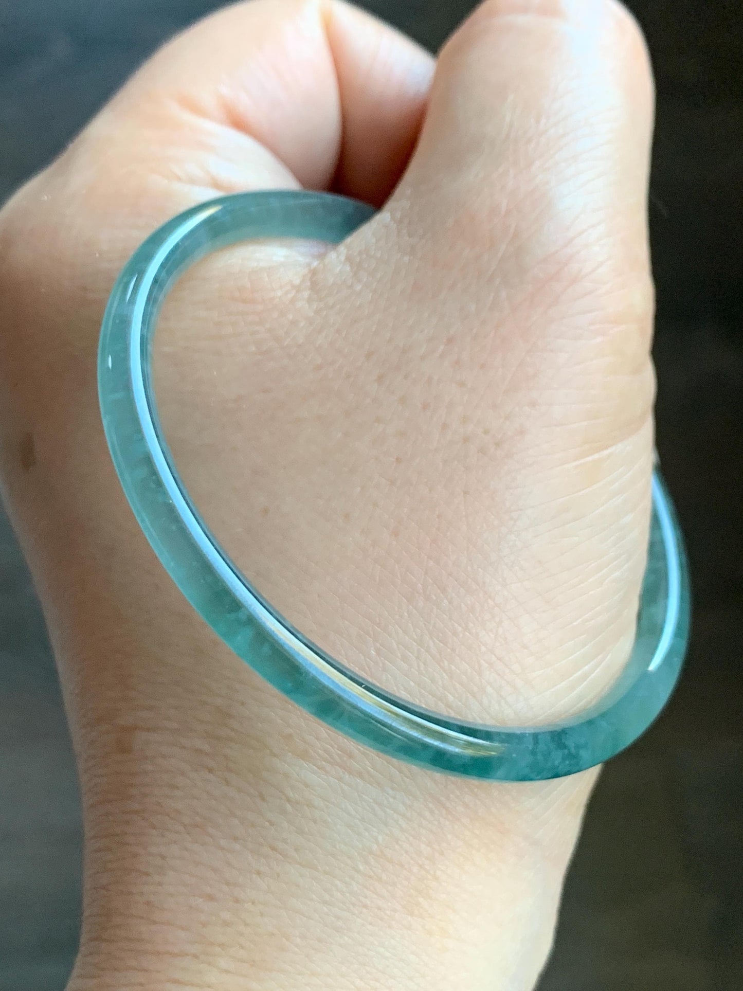 Certified Natural Guatemalan Icy Highly Translucent Gelatinous Teal Blue Jadeite Slim Bangle 54.45mm 10.94g 天然老种冰胶危蓝翡翠细圆条手镯 1138