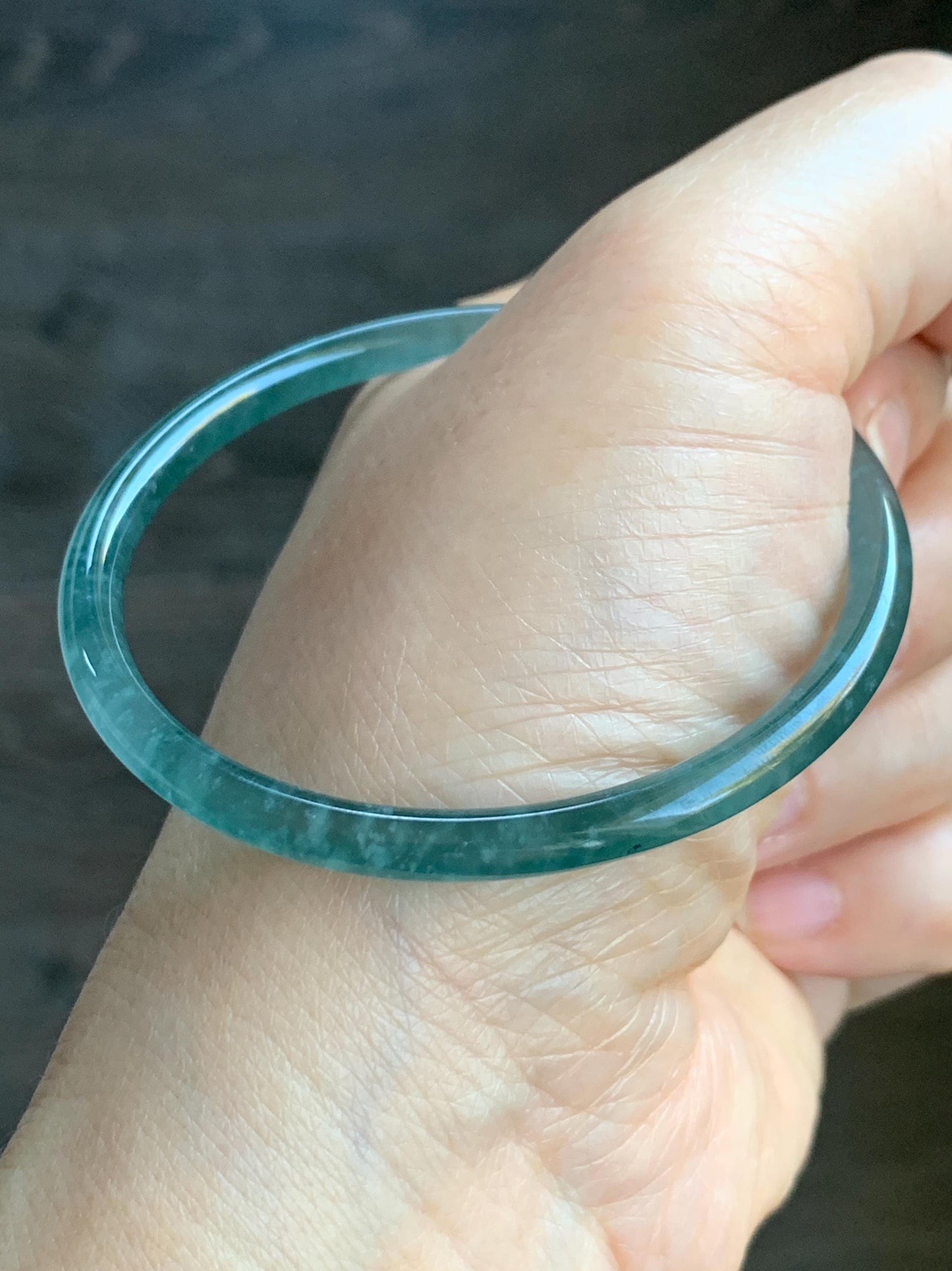 Certified Natural Guatemalan Icy Highly Translucent Gelatinous Teal Blue Jadeite Slim Bangle 54.45mm 10.94g 天然老种冰胶危蓝翡翠细圆条手镯 1138