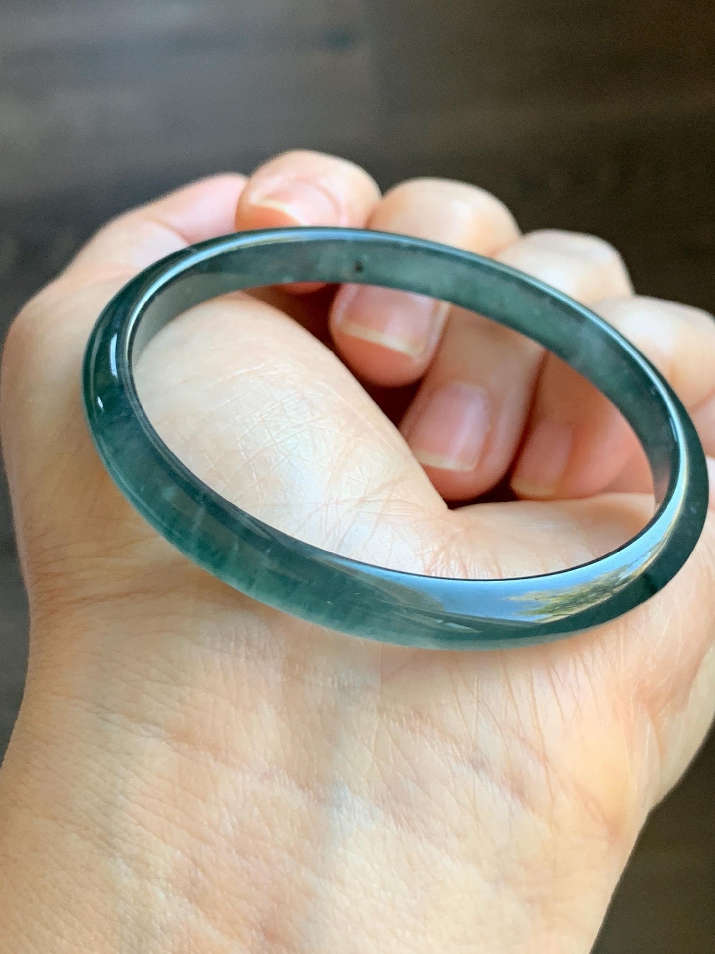 Certified Natural Guatemalan Icy Highly Translucent Gelatinous Dark Teal Blue Jadeite Slim Bangle 52.83mm 14.18g 天然老种冰胶危深蓝翡翠细条手镯 1132