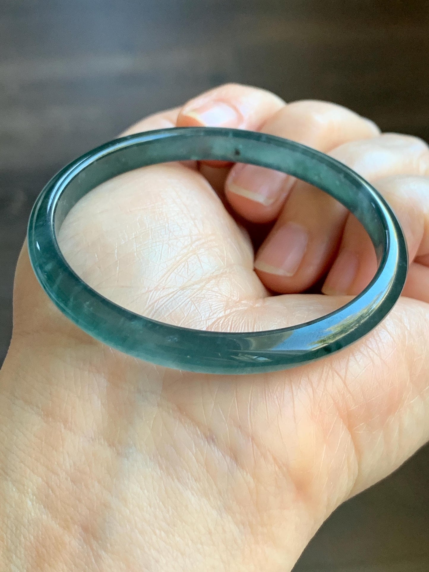 Certified Natural Guatemalan Icy Highly Translucent Gelatinous Dark Teal Blue Jadeite Slim Bangle 52.83mm 14.18g 天然老种冰胶危深蓝翡翠细条手镯 1132