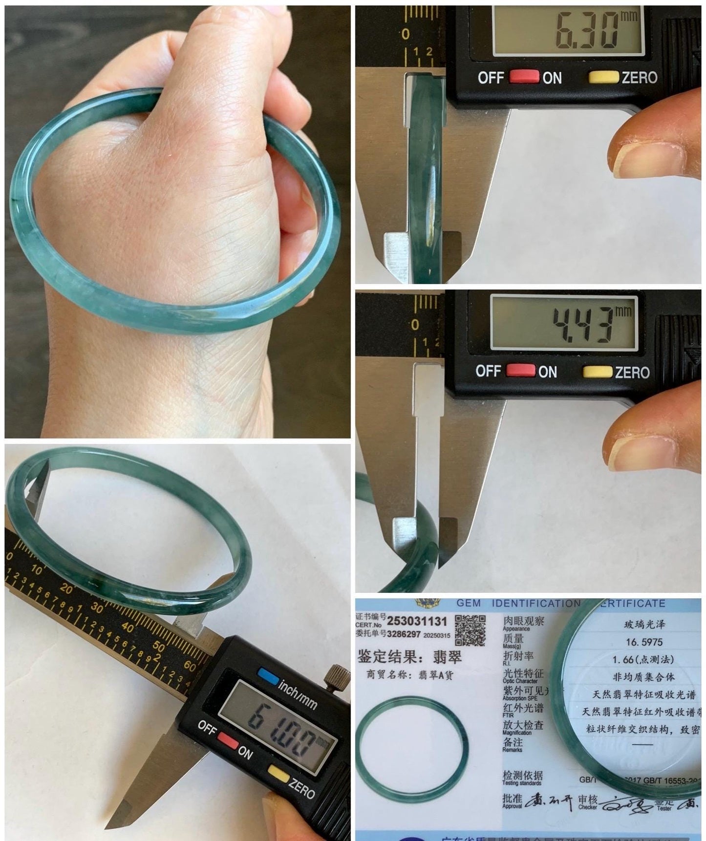 Certified Natural Grade A Guatemalan Icy Highly Translucent Gelatinous Teal Blue Jadeite Slim Bangle 61mm 16.59g 天然老种冰胶危蓝飘花翡翠细条手镯 1131