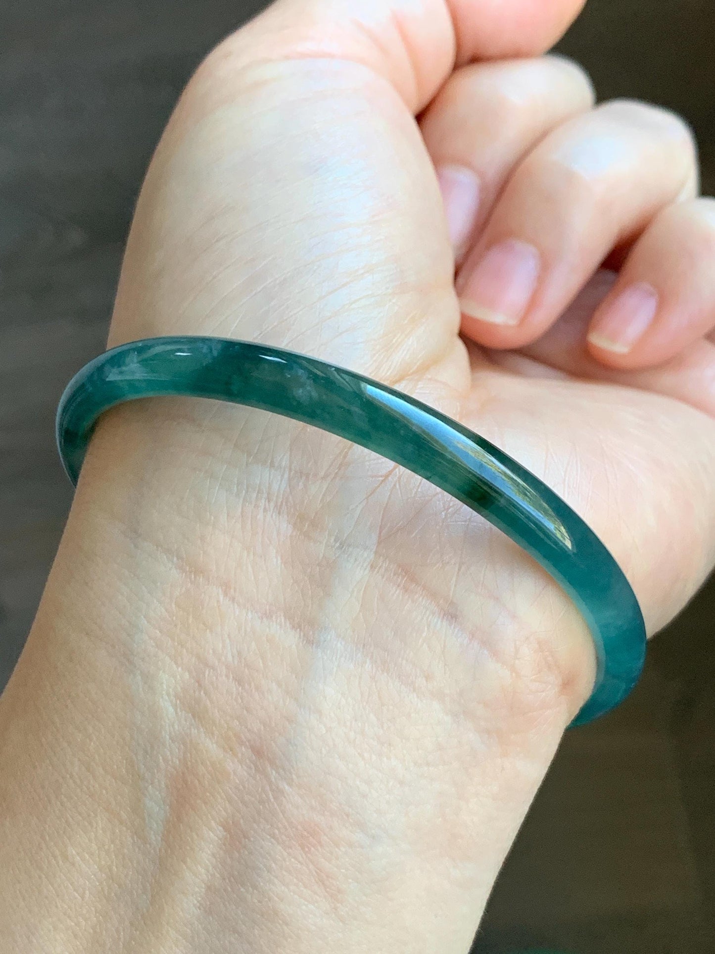 Certified Natural Grade A Guatemalan Icy Highly Translucent Gelatinous Teal Blue Jadeite Slim Bangle 61mm 16.59g 天然老种冰胶危蓝飘花翡翠细条手镯 1131