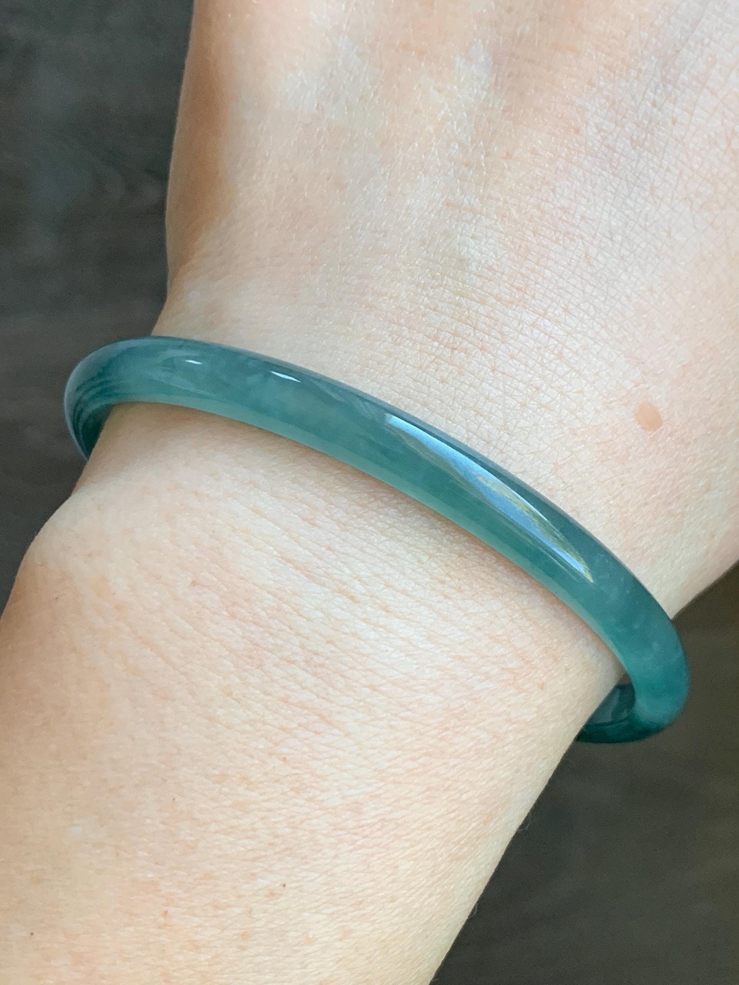 Certified Natural Grade A Guatemalan Icy Highly Translucent Gelatinous Teal Blue Jadeite Slim Bangle 61mm 16.59g 天然老种冰胶危蓝飘花翡翠细条手镯 1131