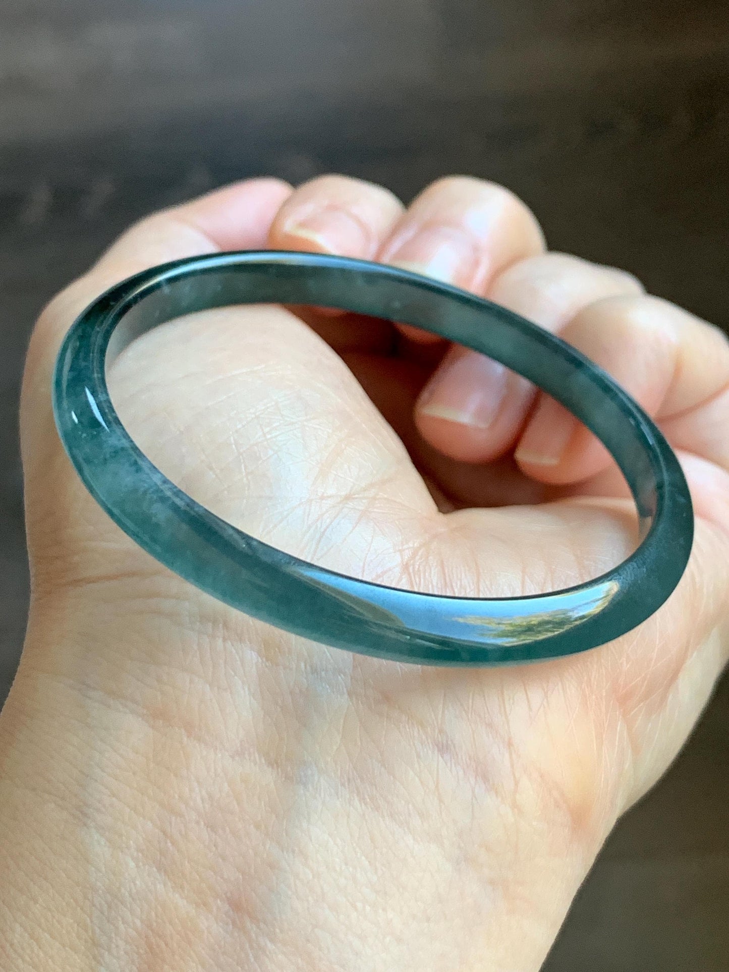 Certified Natural Guatemalan Icy Highly Translucent Gelatinous Dark Teal Blue Jadeite Slim Bangle 55.77mm 15.27g 天然老种冰胶危深蓝飘花翡翠细条手镯 1133
