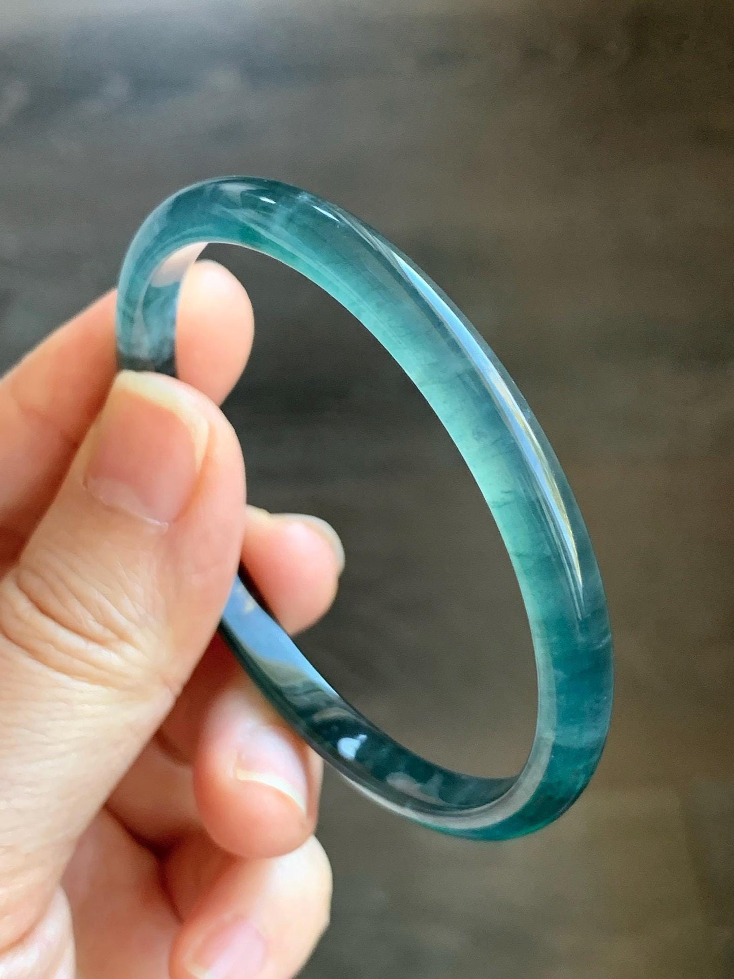 Certified Natural Guatemalan Icy Highly Translucent Gelatinous Dark Teal Blue Jadeite Slim Bangle 55.77mm 15.27g 天然老种冰胶危深蓝飘花翡翠细条手镯 1133