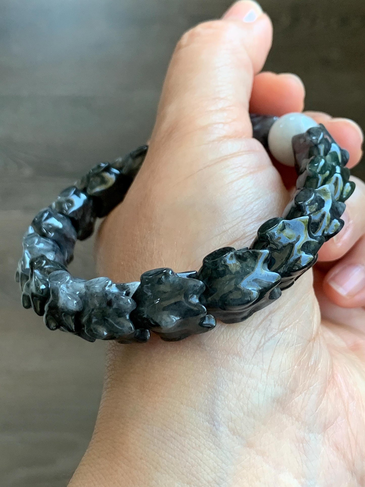 Natural Grade A Icy Wuji Jadeite Carved Dragon Bone & Icy Translucent Red Marbled Jadeite Bead Beaded Bracelet 7.75" 55g 天然乌鸡翡翠龙骨撒金翡翠珠手串 WLG