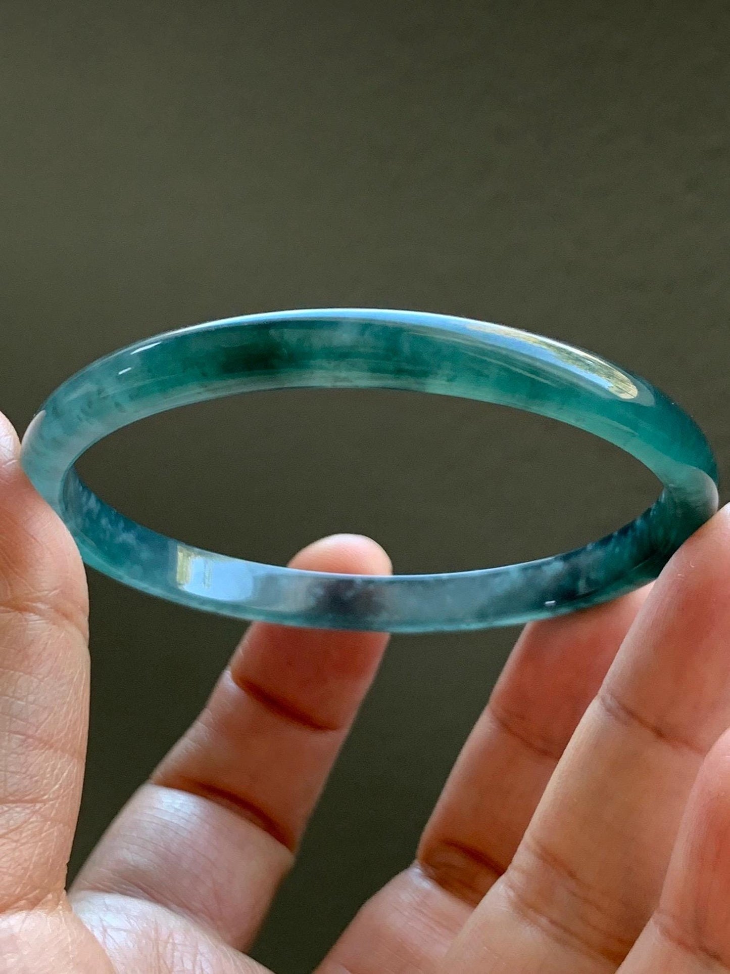Certified Natural Grade A Guatemalan Icy Highly Translucent Gelatinous Teal Blue Jadeite Slim Bangle 58.8mm 16.35g 天然老种冰胶危蓝飘花翡翠细条手镯 1135