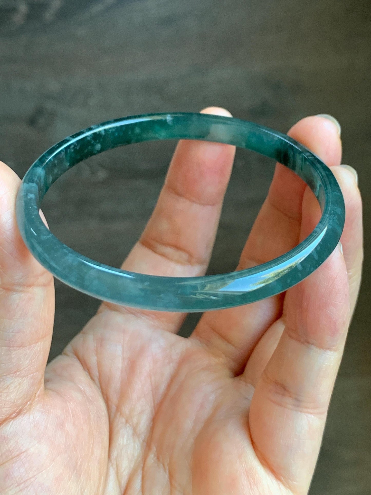 Certified Natural Grade A Guatemalan Icy Highly Translucent Gelatinous Teal Blue Jadeite Slim Bangle 58.8mm 16.35g 天然老种冰胶危蓝飘花翡翠细条手镯 1135