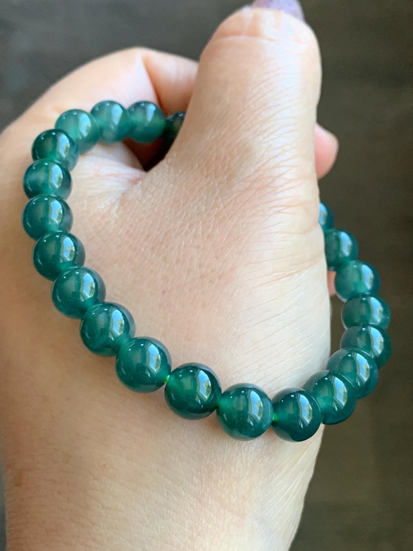 Natural Grade A Guatemalan Icy Highly Translucent Gelatinous Teal Green Jade Jadeite Beaded Bracelet 7.5-7.8mm 7” 19g 天然老种冰危蓝绿翡翠手串 ZKWS