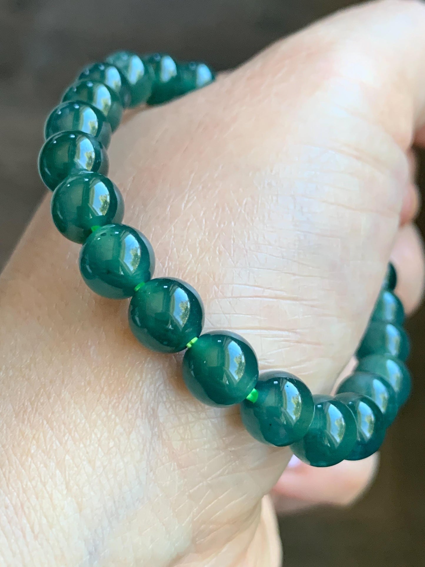 Natural Grade A Guatemalan Icy Highly Translucent Gelatinous Teal Green Jade Jadeite Beaded Bracelet 7.5-7.8mm 7” 19g 天然老种冰危蓝绿翡翠手串 ZKWS