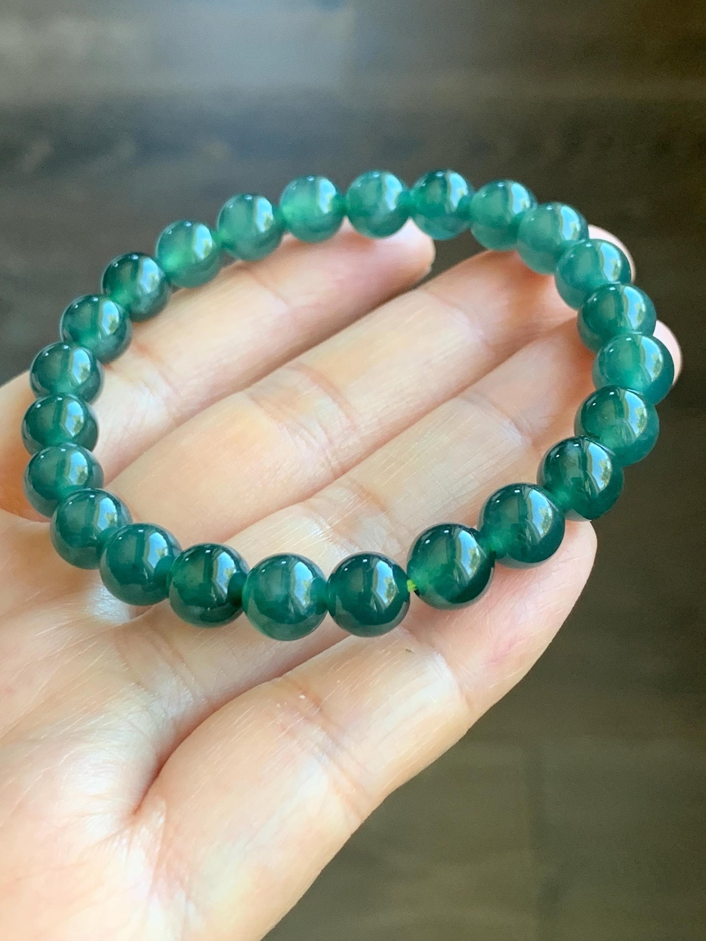 Natural Grade A Guatemalan Icy Highly Translucent Gelatinous Teal Green Jade Jadeite Beaded Bracelet 7.5-7.8mm 7” 19g 天然老种冰危蓝绿翡翠手串 ZKWS