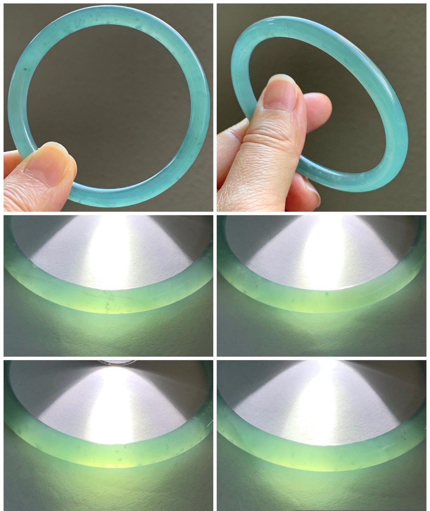 Certified Natural Grade A Guatemalan Icy Translucent Gelatinous Blueish Green Jadeite Bangle Bracelet 56.76m 21.4g 天然冰胶危蓝绿翡翠圆条手镯 1140