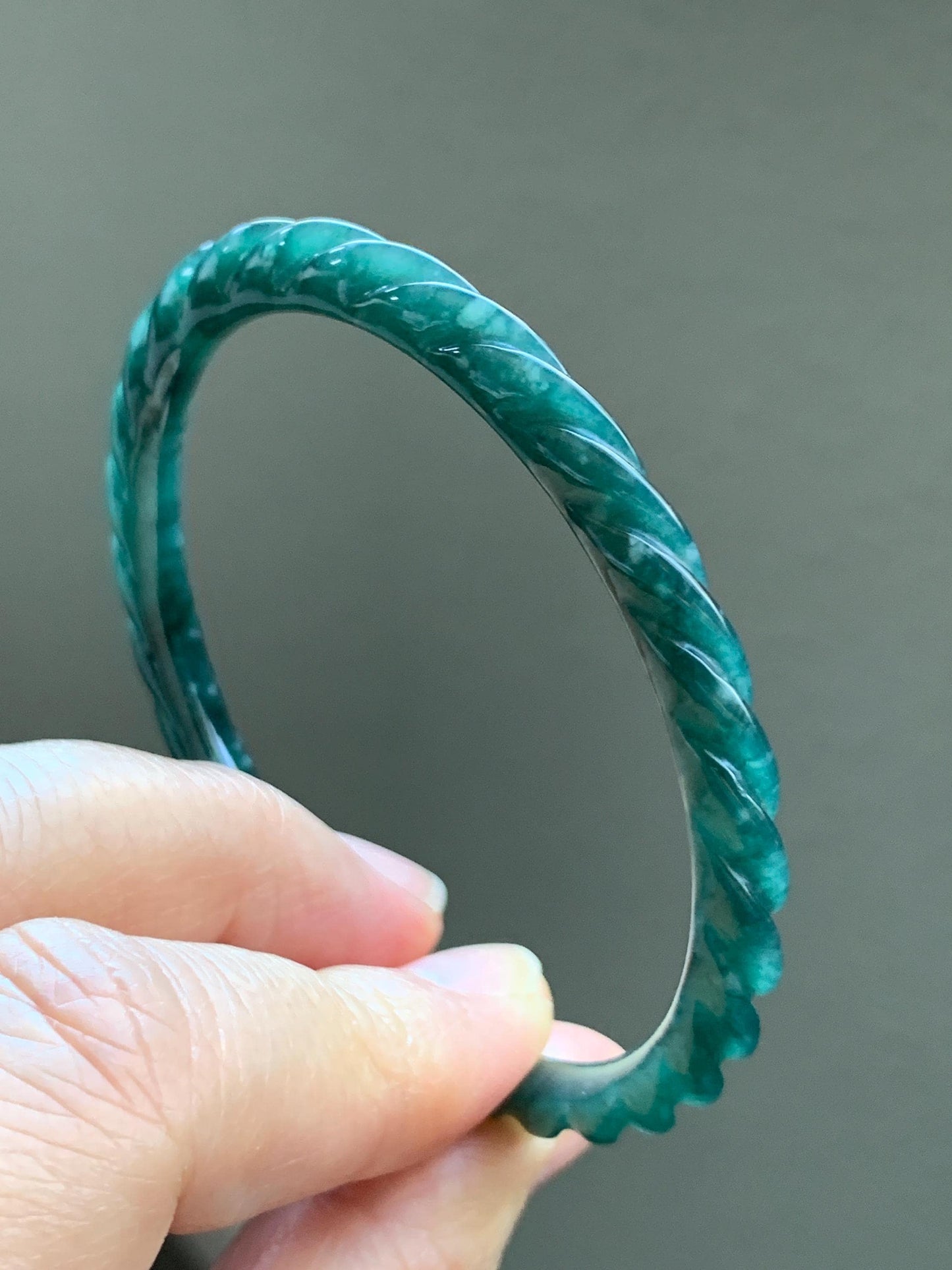 Certified Natural Grade A Icy Translucent Gelatinous Teal Green Jadeite Carved Braid Bangle Bracelet 55.88mm 6.9” 13.9g 天然冰危篮绿翡翠麻花手镯 1141