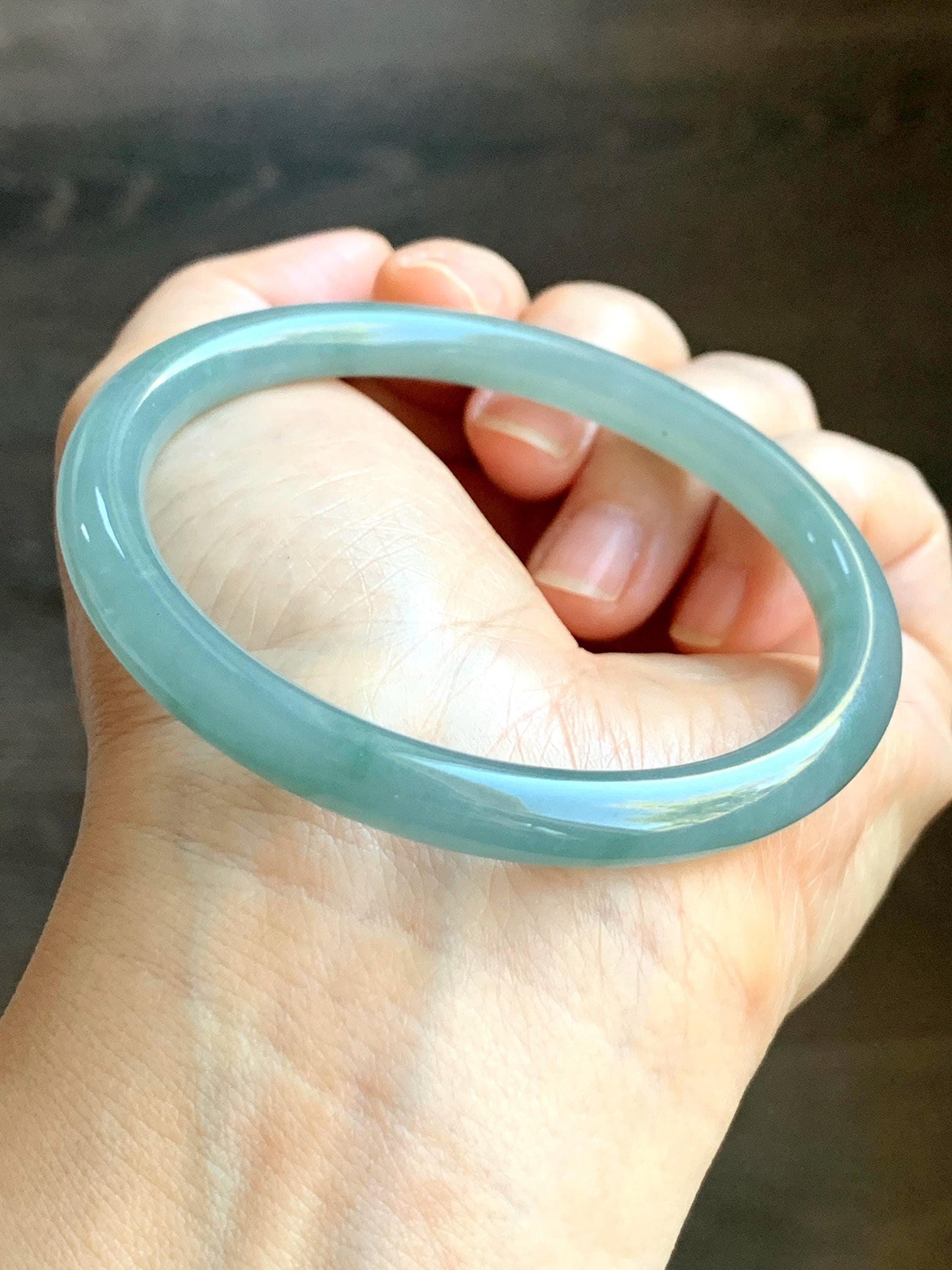 Certified Natural Grade A Guatemalan Icy Translucent Gelatinous Light Blueish Green Jadeite Bangle Bracelet 58.6mm 26.6g 天然冰胶危淡蓝绿翡翠圆条手镯 1146