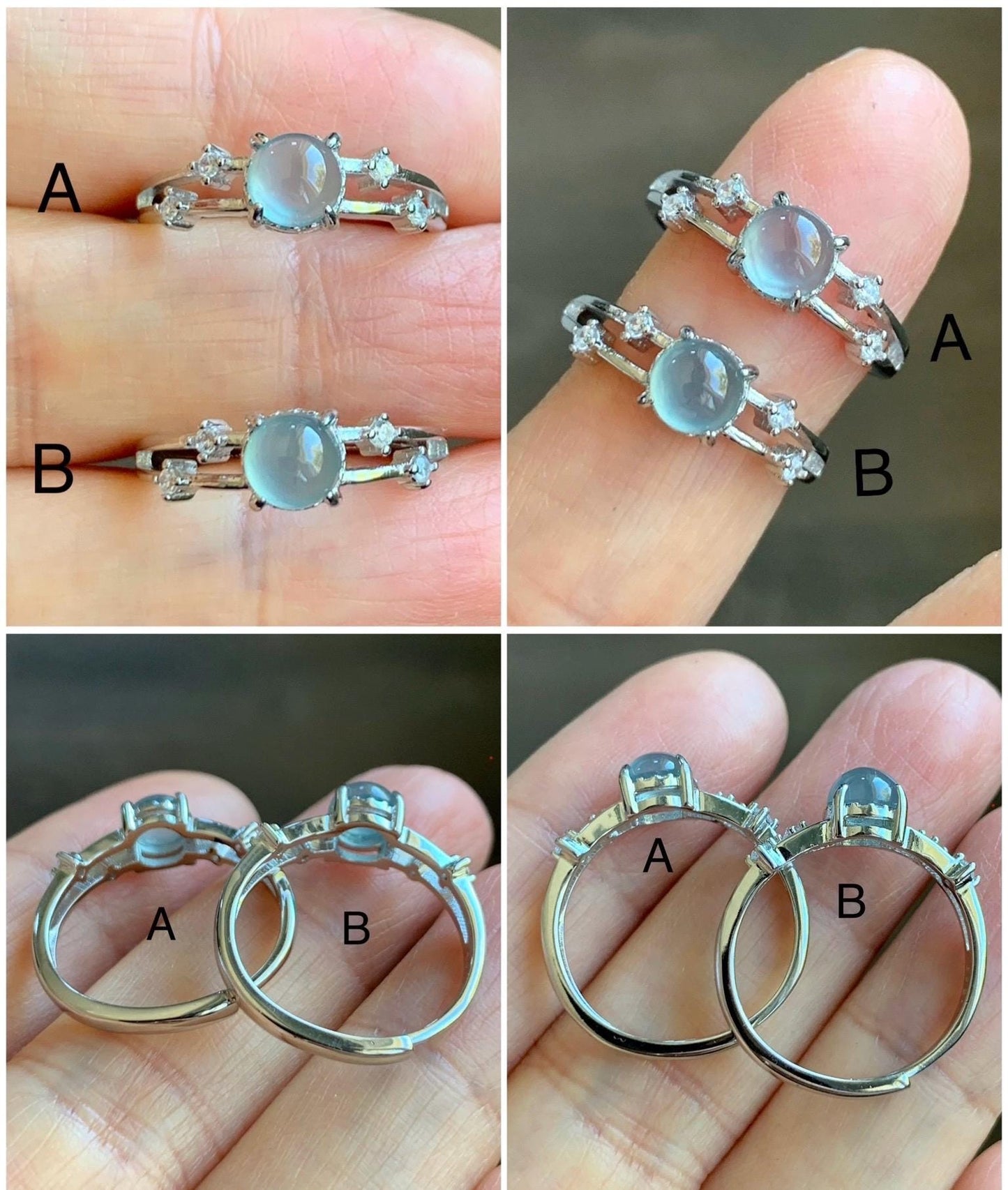 Natural Grade A Guatemalan Icy Highly Translucent Light Blue Jadeite Ring Sterling Silver Size 7 Adjustable 天然冰危淡蓝翡翠满天星开口银镶戒指 MTX130
