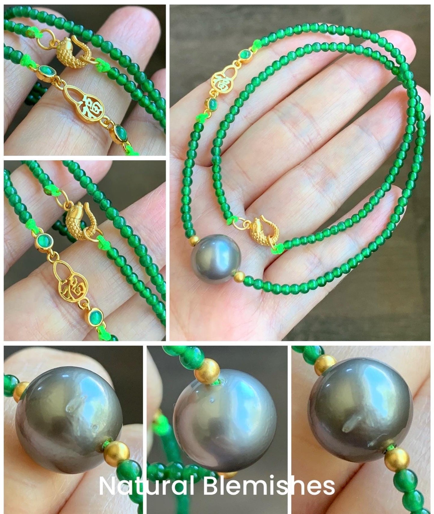 Natural Grade A Guatemalan Icy Translucent Vibrant Green Jadeite Genuine Tahitian Pearl Sterling Silver Beaded Necklace 16” 天然冰危绿翡翠珠大溪地珍珠项链