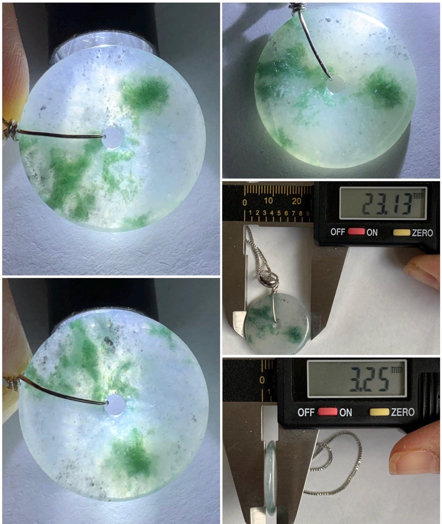 Natural Grade A Icy Highly Translucent Green Marbled Jade Jadeite Ping An Kou Donut Pendant Sterling Silver 4g 天然冰透飘花翡翠平安扣吊坠 MPH168