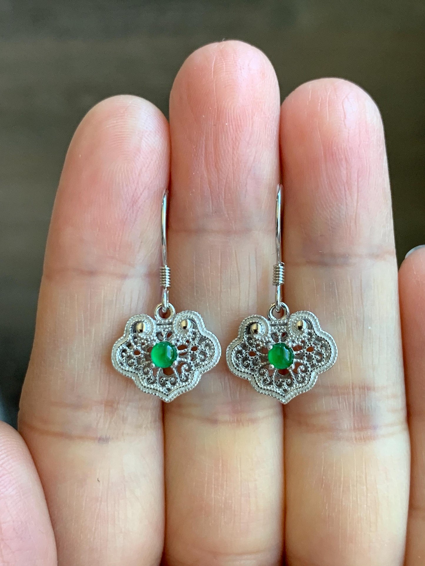 Natural Grade A Guatemalan Icy Translucent Vibrant Green Jade Jadeite Ruyi Dangle Earrings Sterling Silver 天然冰危绿翡翠蛋面如意银镶耳钩 LRY59