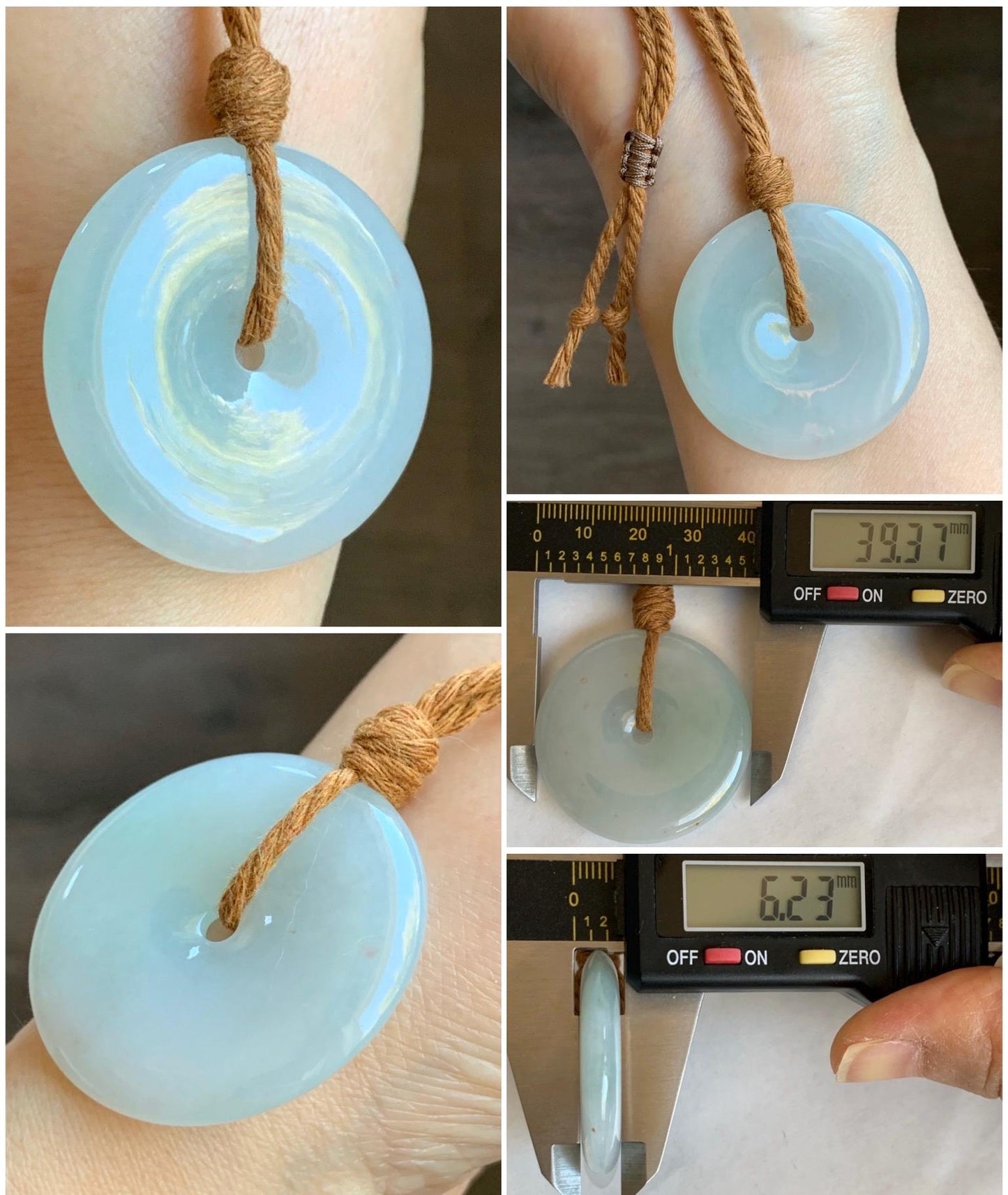 Natural Grade A Icy Translucent Gelatinous Pastel Blue Jadeite Large Ping An Kou Donut Pendant Rope Necklace 25” 23g 天然冰胶蓝底撒金翡翠平安扣吊坠 XFR330