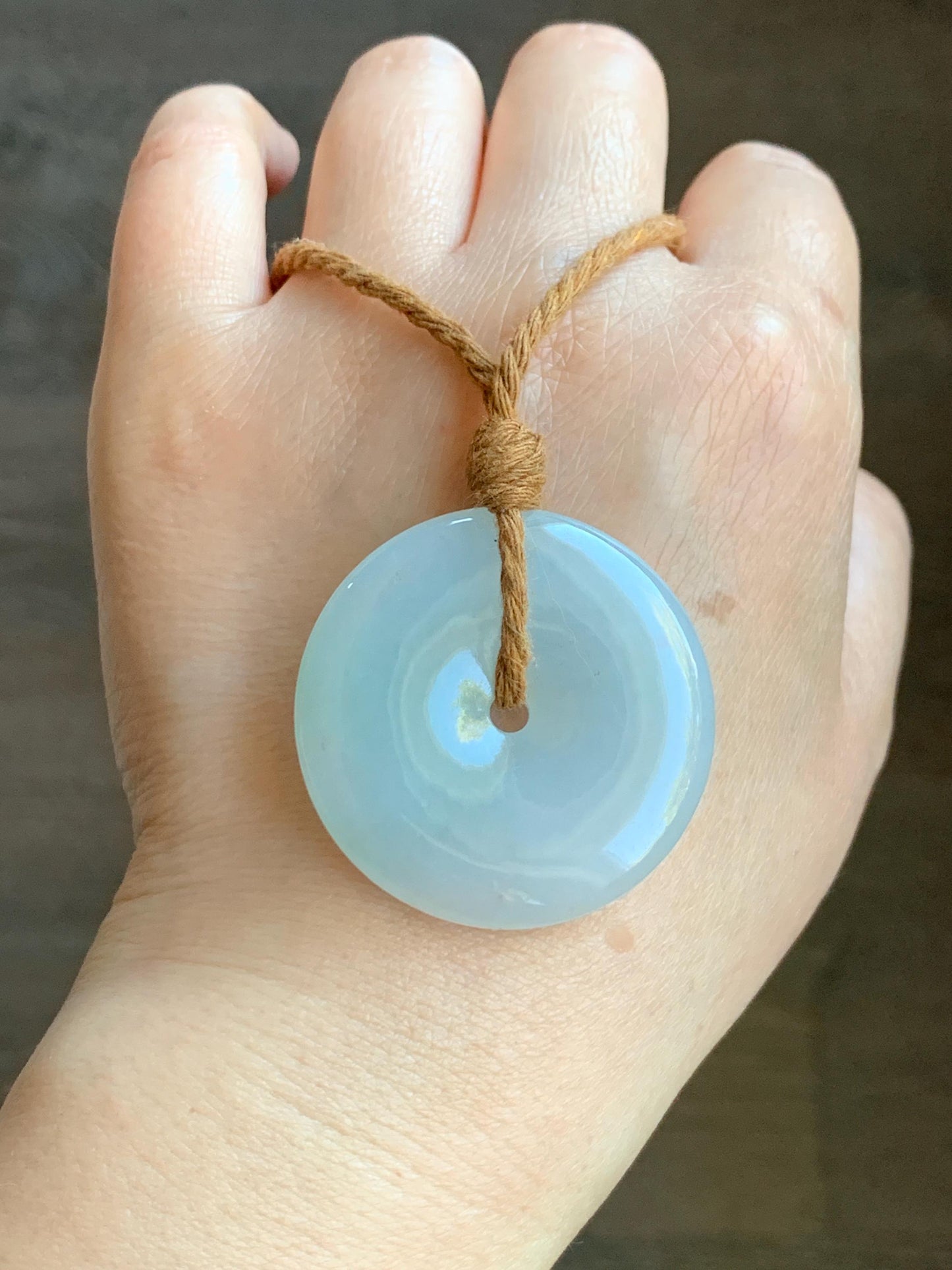 Natural Grade A Icy Translucent Gelatinous Pastel Blue Jadeite Large Ping An Kou Donut Pendant Rope Necklace 25” 23g 天然冰胶蓝底撒金翡翠平安扣吊坠 XFR330