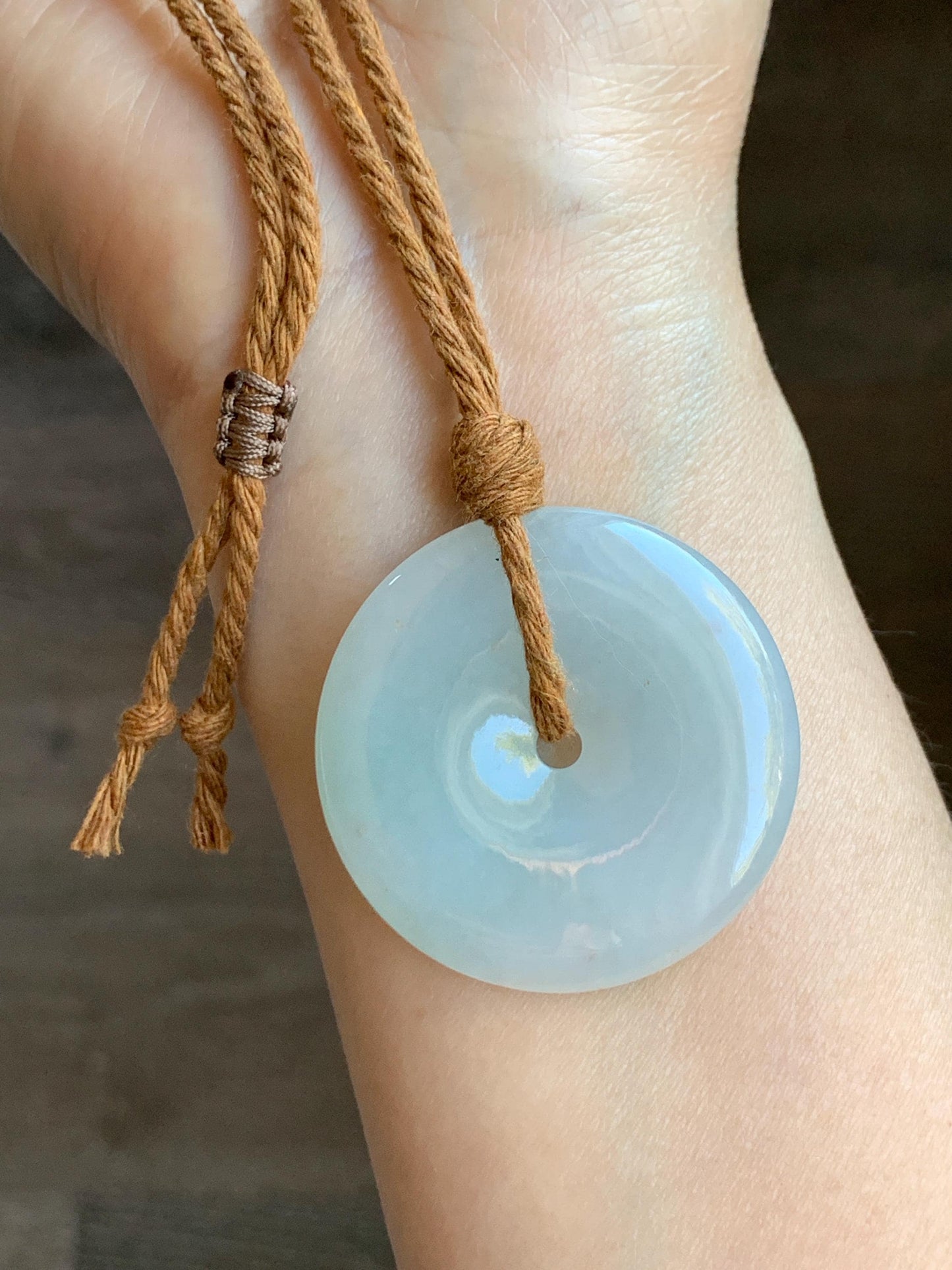 Natural Grade A Icy Translucent Gelatinous Pastel Blue Jadeite Large Ping An Kou Donut Pendant Rope Necklace 25” 23g 天然冰胶蓝底撒金翡翠平安扣吊坠 XFR330