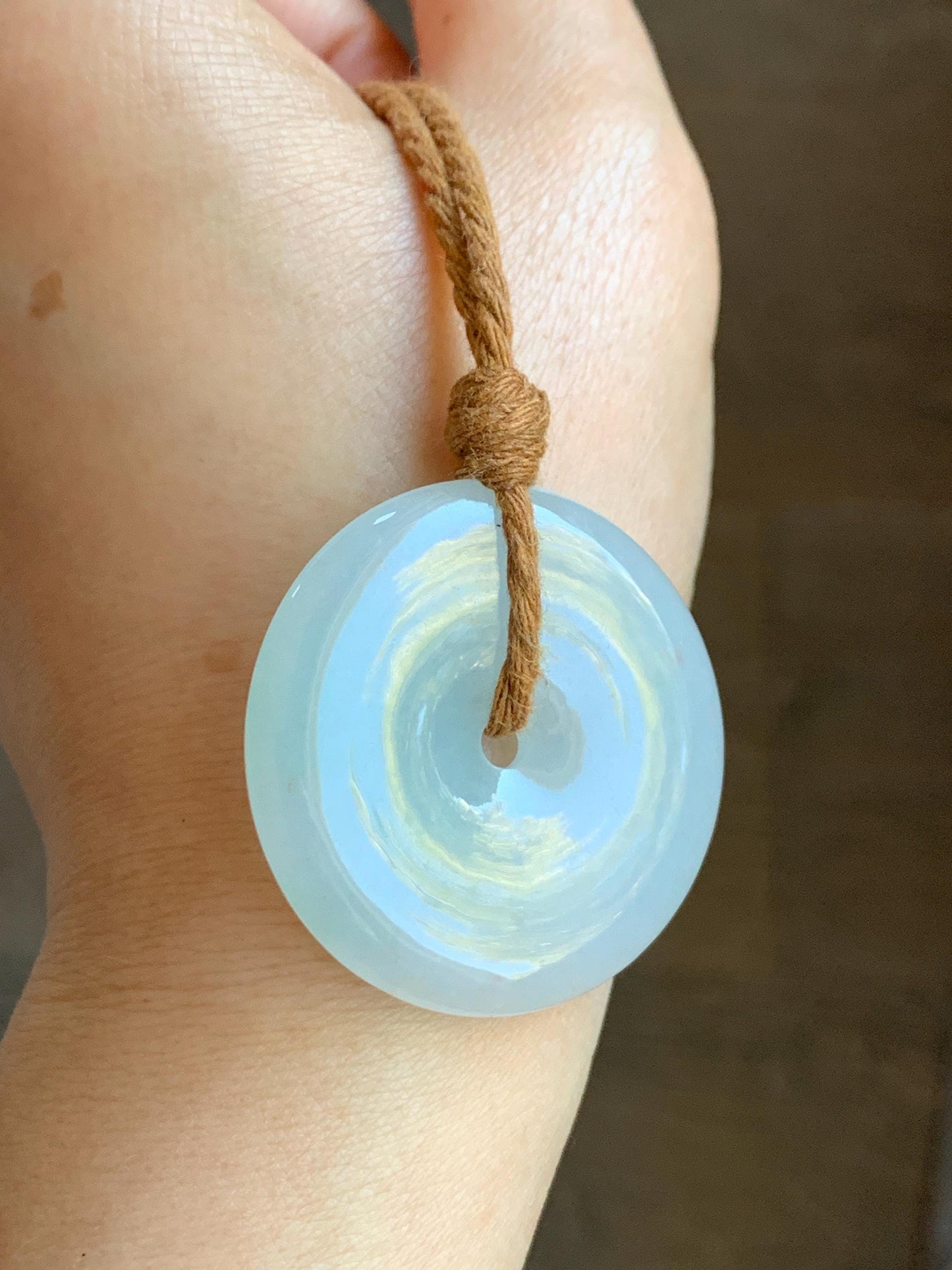 Natural Grade A Icy Translucent Gelatinous Pastel Blue Jadeite Large Ping An Kou Donut Pendant Rope Necklace 25” 23g 天然冰胶蓝底撒金翡翠平安扣吊坠 XFR330