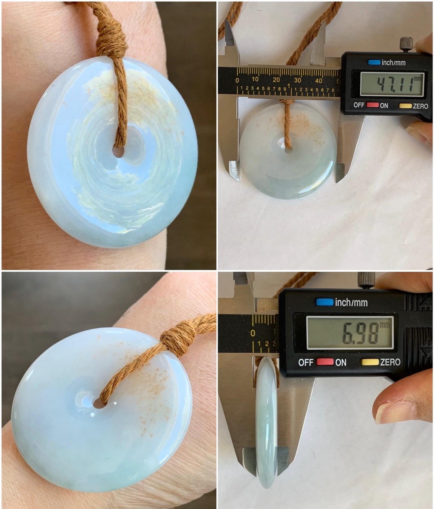 Natural Grade A Icy Translucent Gelatinous Pastel Blue Jadeite Large Ping An Kou Donut Pendant Rope Necklace 25” 34g 天然冰胶蓝底撒金翡翠平安扣吊坠 DFR330