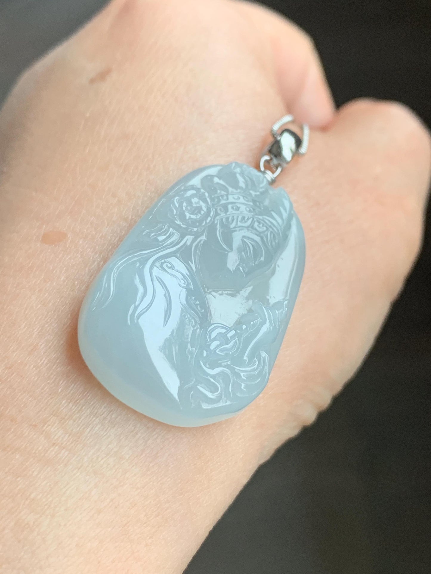 Natural Grade A Icy Translucent Gelatinous Pastel Blue Jade Jadeite Carved Beauty Girl Pendant Sterling Silver 12g 天然冰胶淡蓝翡翠小美女吊坠挂件 MDL220