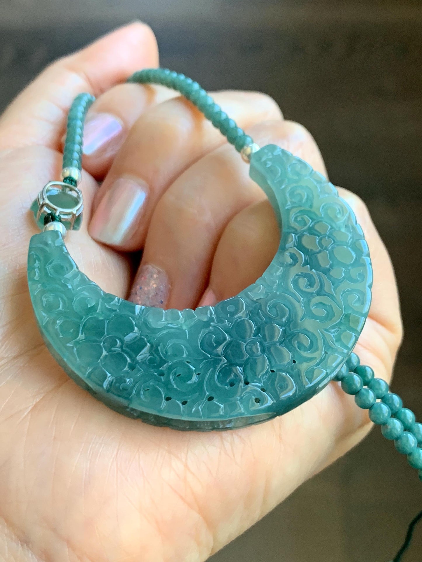Natural Icy Translucent Teal Marbled Jadeite Openwork Engraved Crescent Moon Pendant Sterling Silver Beaded Necklace 天然冰胶蓝飘花翡翠玉横圆珠项链 MLLH823