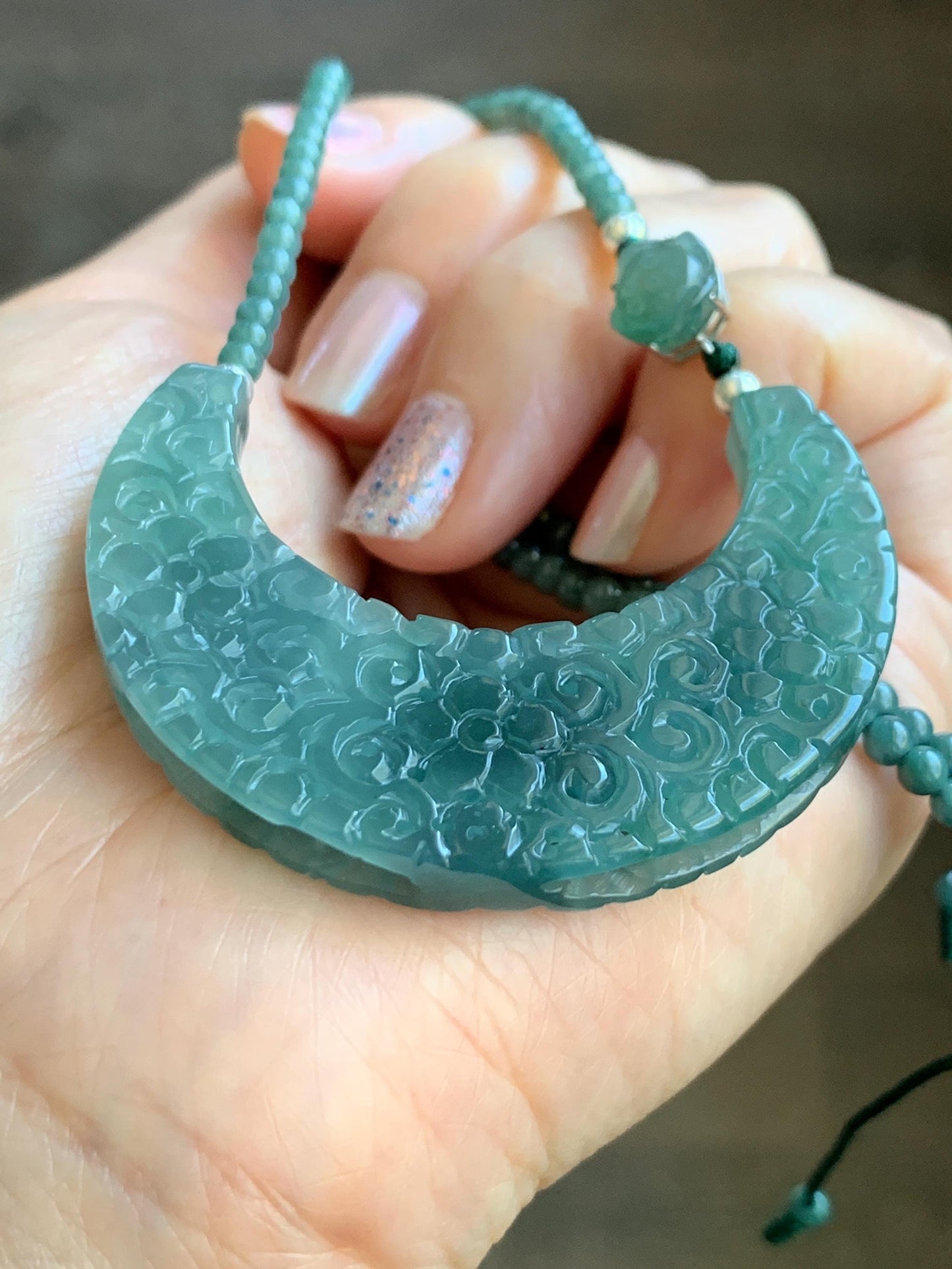 Natural Icy Translucent Teal Marbled Jadeite Openwork Engraved Crescent Moon Pendant Sterling Silver Beaded Necklace 天然冰胶蓝飘花翡翠玉横圆珠项链 MLLH823