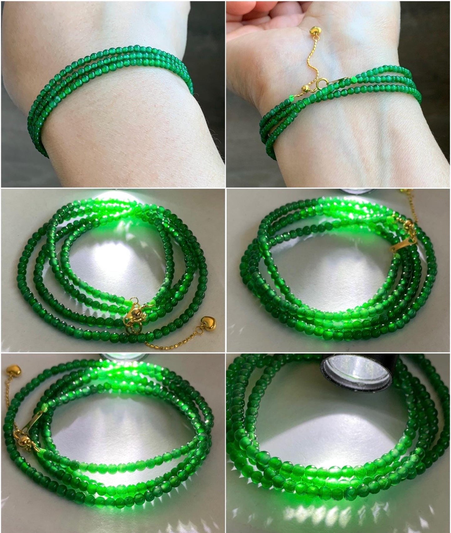 Natural Grade A Guatemalan Icy Translucent Vibrant Green Jadeite Petite Beaded Necklace 18K Yellow Gold 20.75” 6g 天然冰危阳绿翡翠小卡圆珠项链K金扣头 WYL500