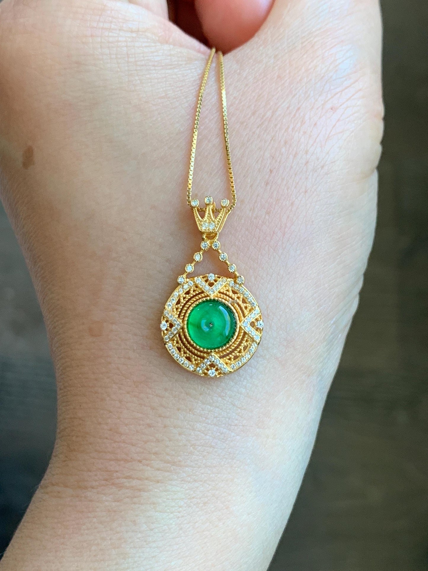 Natural Guatemalan Icy Translucent Vibrant Green Jadeite Ping An Kou Donut Pendant Sterling Silver Yellow Gold Finish 天然冰危绿翡翠迷你平安扣银镶吊坠 MNP66