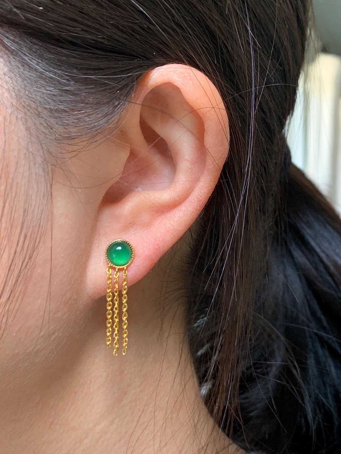 Natural Grade A Guatemalan Icy Translucent Vibrant Green Jadeite Stud Earrings Sterling Silver Yellow Gold Overlay 天然冰危绿翡翠流苏款银耳钉 LSK98