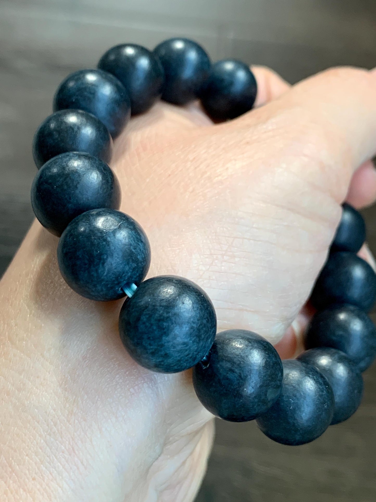 Natural Grade A Opaque Dark Midnight Blue Jadeite Large Round Beads Matte Beaded Bracelet Stretchy 13.6mm 8" 66g 天然A货深牛仔蓝翡翠哑光大卡圆珠手串 MLMS280