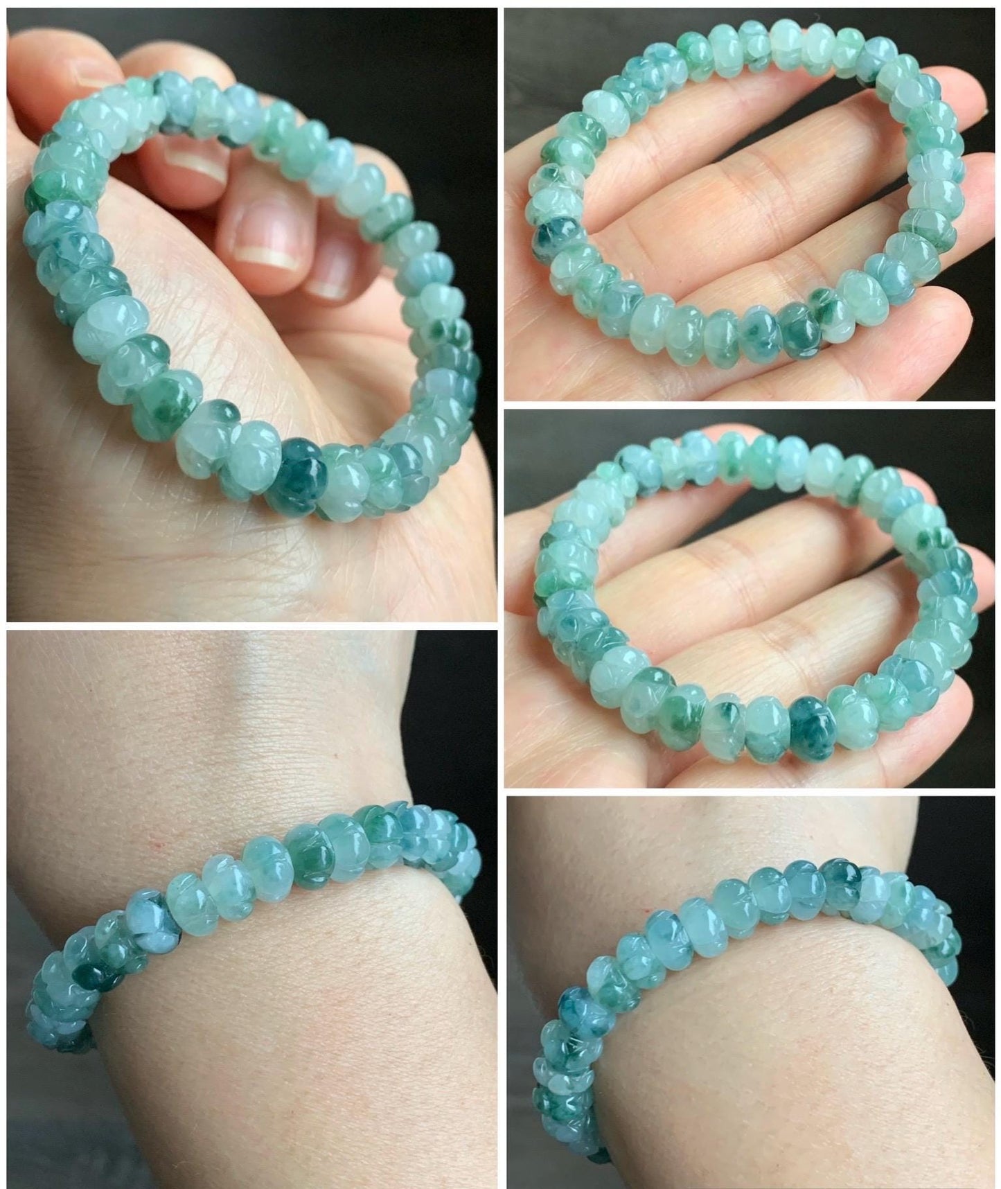 Certified Natural Grade A Icy Translucent Teal Green Marbled Jadeite Carved Lotus Flower beads Beaded Bracelet 6.25” 21g 天然冰胶飘蓝花翡翠莲花珠手串 1127