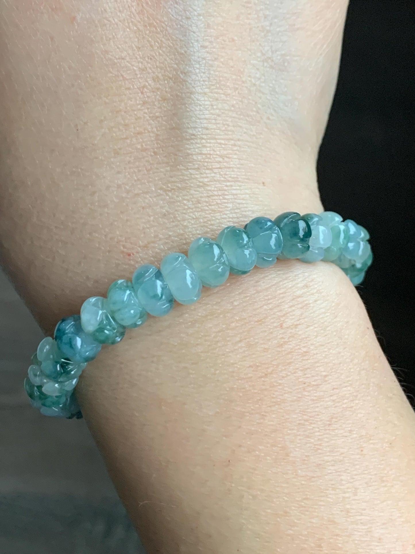 Certified Natural Grade A Icy Translucent Teal Green Marbled Jadeite Carved Lotus Flower beads Beaded Bracelet 6.25” 21g 天然冰胶飘蓝花翡翠莲花珠手串 1127