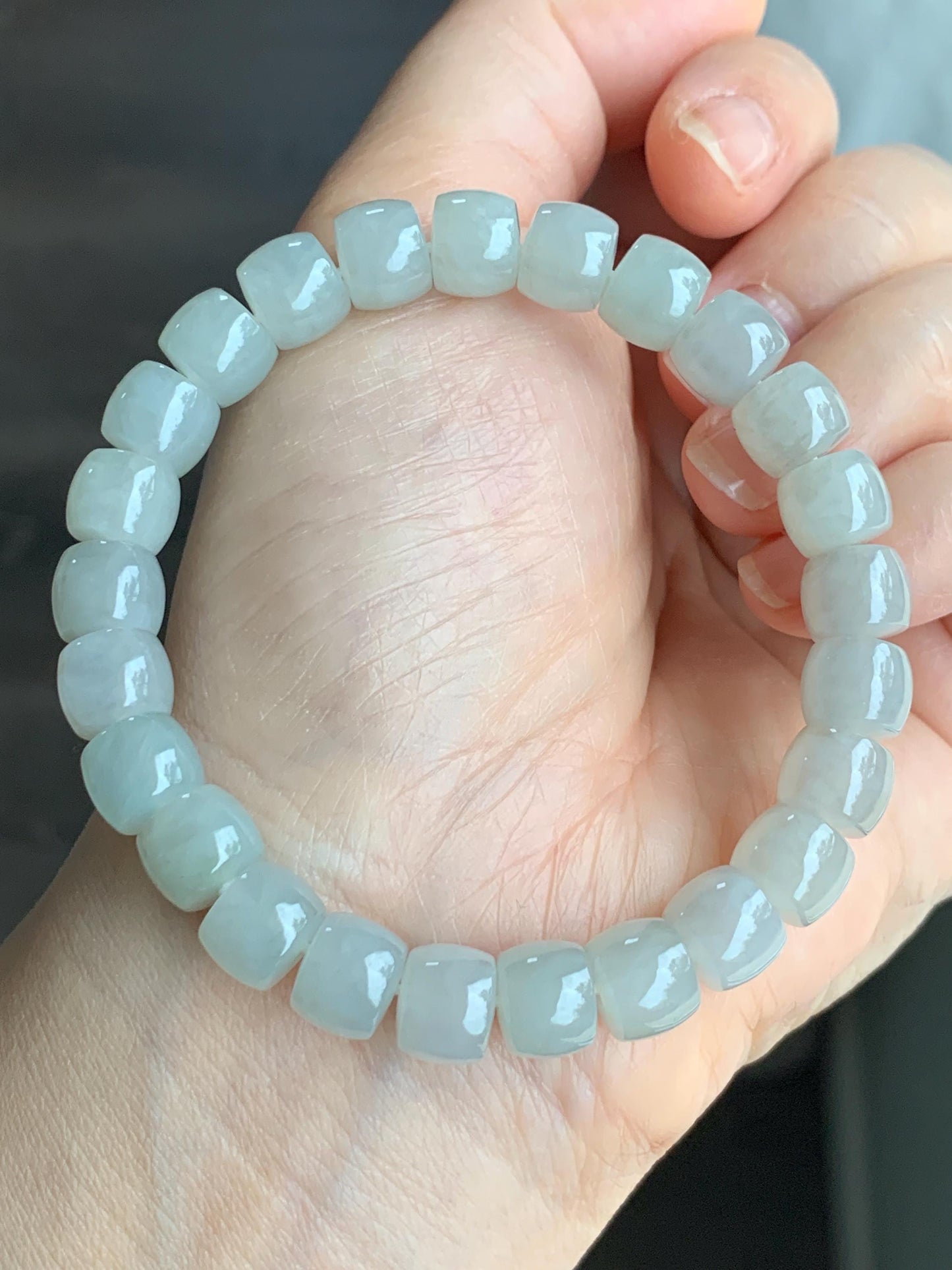 Natural Grade A Icy Translucent Gelatinous Light Beige Jade Jadeite Large Drum Beads Beaded Bracelet Stretchy 7.5" 31g 天然冰胶藕粉翡翠鼓珠手串 BOF416