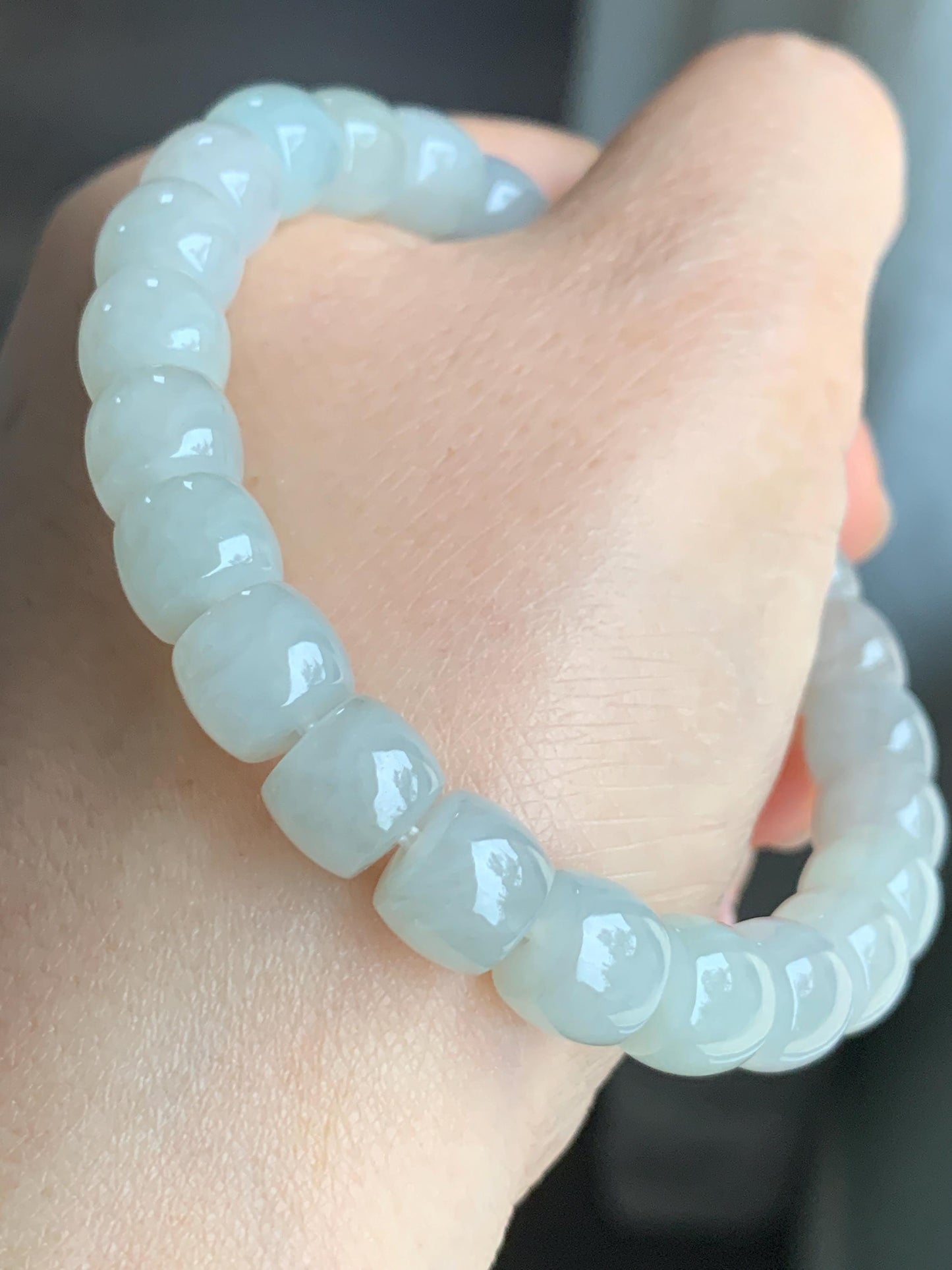 Natural Grade A Icy Translucent Gelatinous Light Beige Jade Jadeite Large Drum Beads Beaded Bracelet Stretchy 7.5" 31g 天然冰胶藕粉翡翠鼓珠手串 BOF416