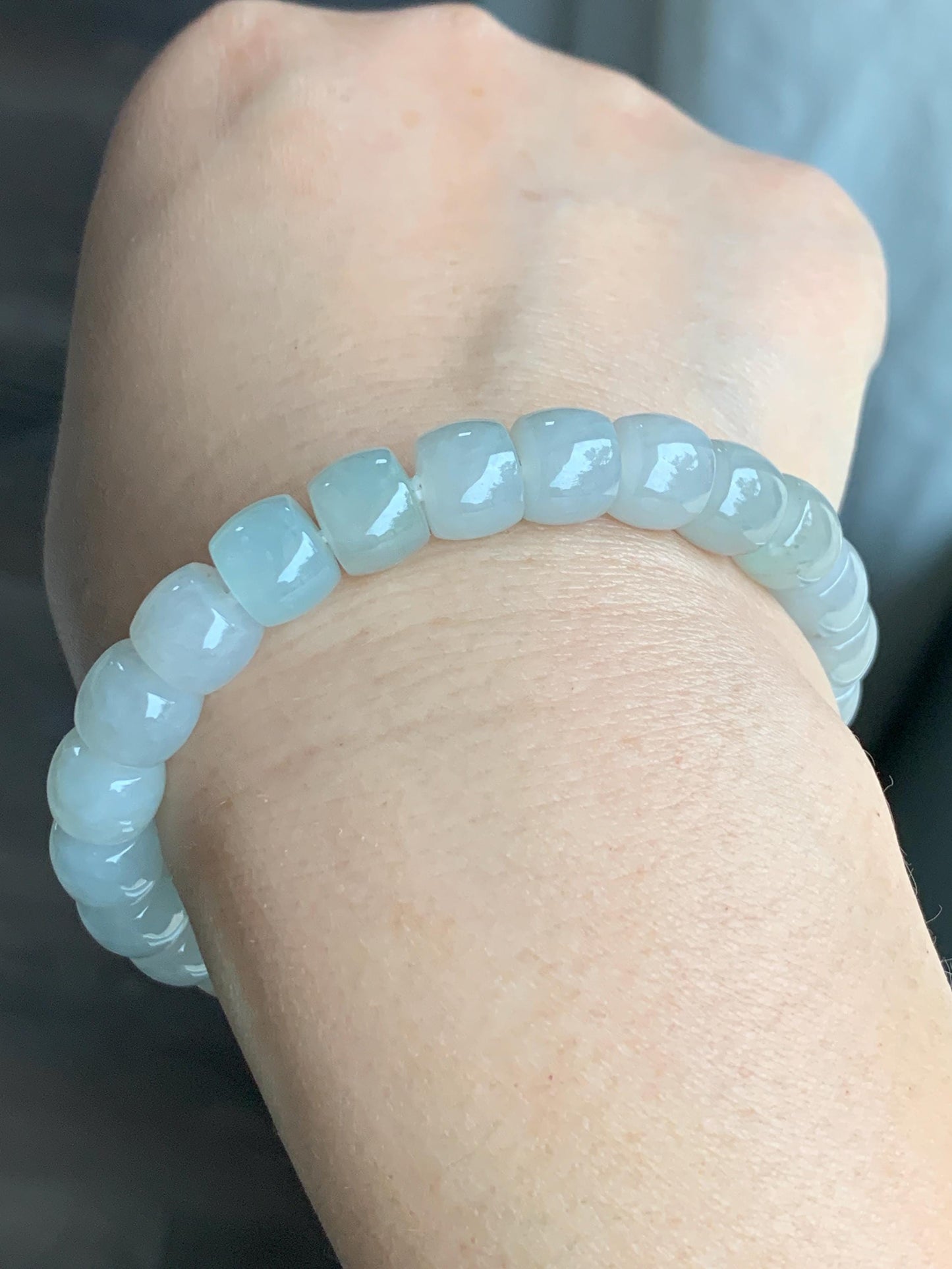 Natural Grade A Icy Translucent Gelatinous Light Beige Jade Jadeite Large Drum Beads Beaded Bracelet Stretchy 7.5" 31g 天然冰胶藕粉翡翠鼓珠手串 BOF416