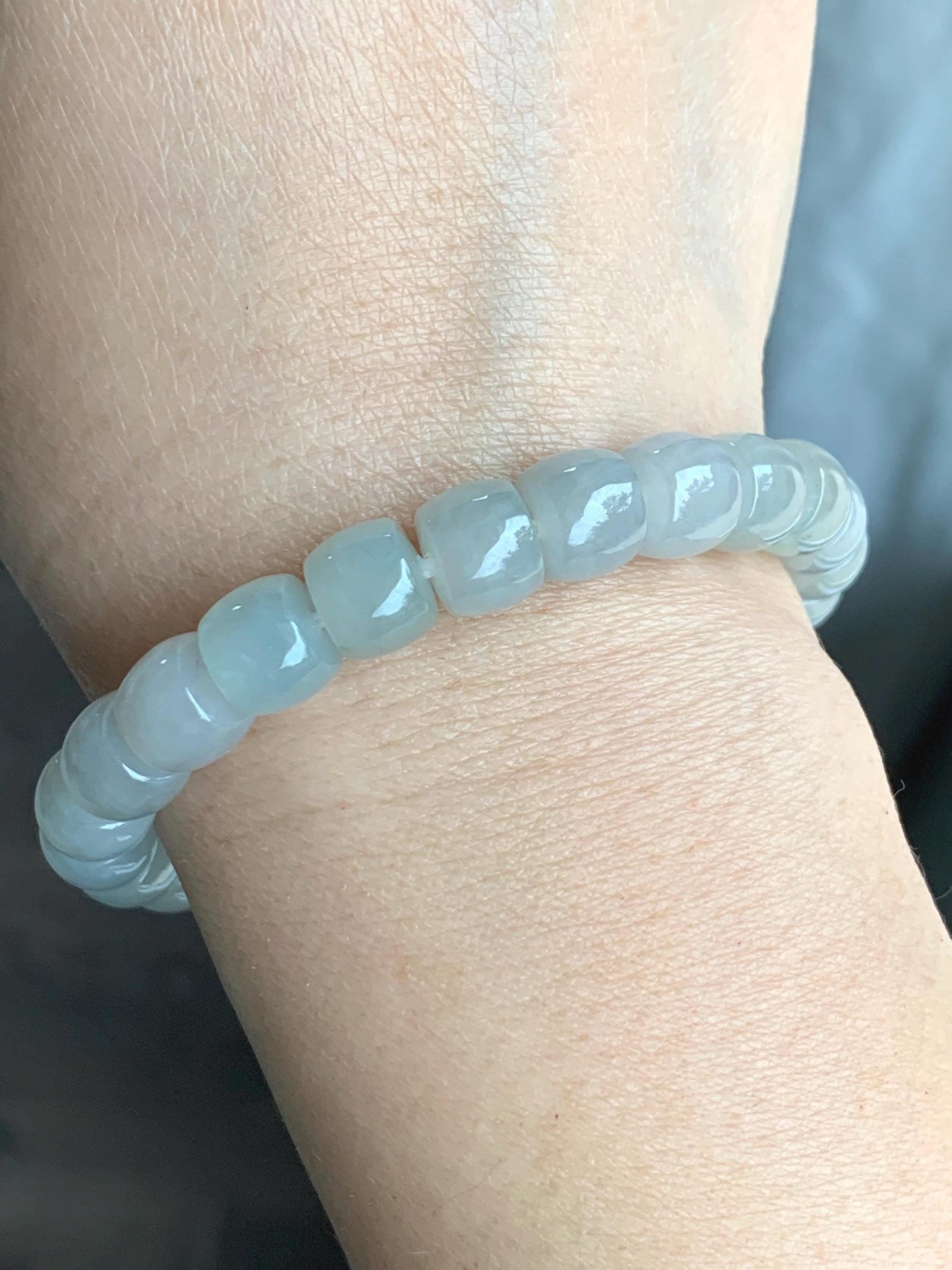 Natural Grade A Icy Translucent Gelatinous Light Beige Jade Jadeite Large Drum Beads Beaded Bracelet Stretchy 7.5" 31g 天然冰胶藕粉翡翠鼓珠手串 BOF416