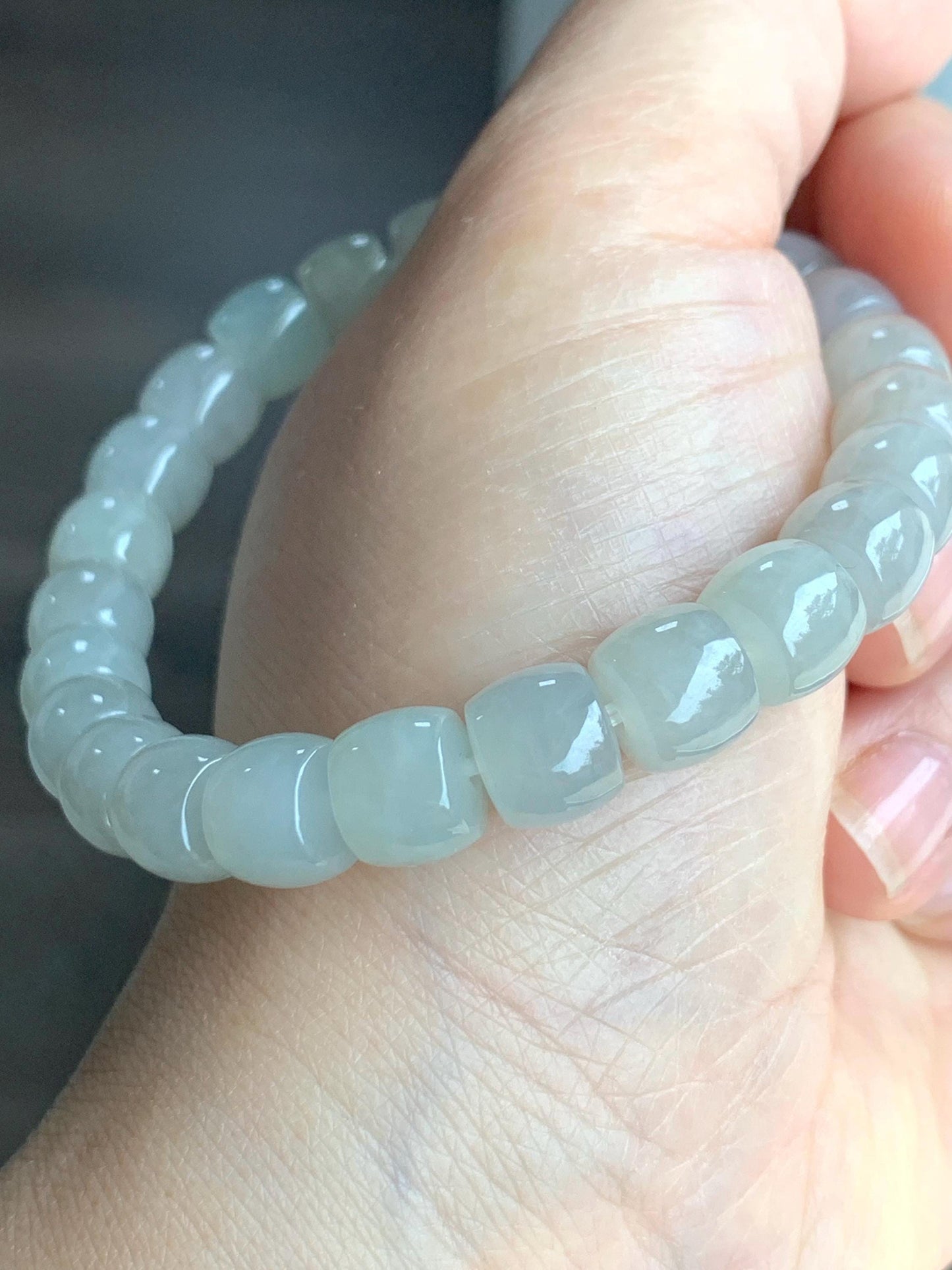 Natural Grade A Icy Translucent Gelatinous Light Beige Jade Jadeite Large Drum Beads Beaded Bracelet Stretchy 7.5" 31g 天然冰胶藕粉翡翠鼓珠手串 BOF416