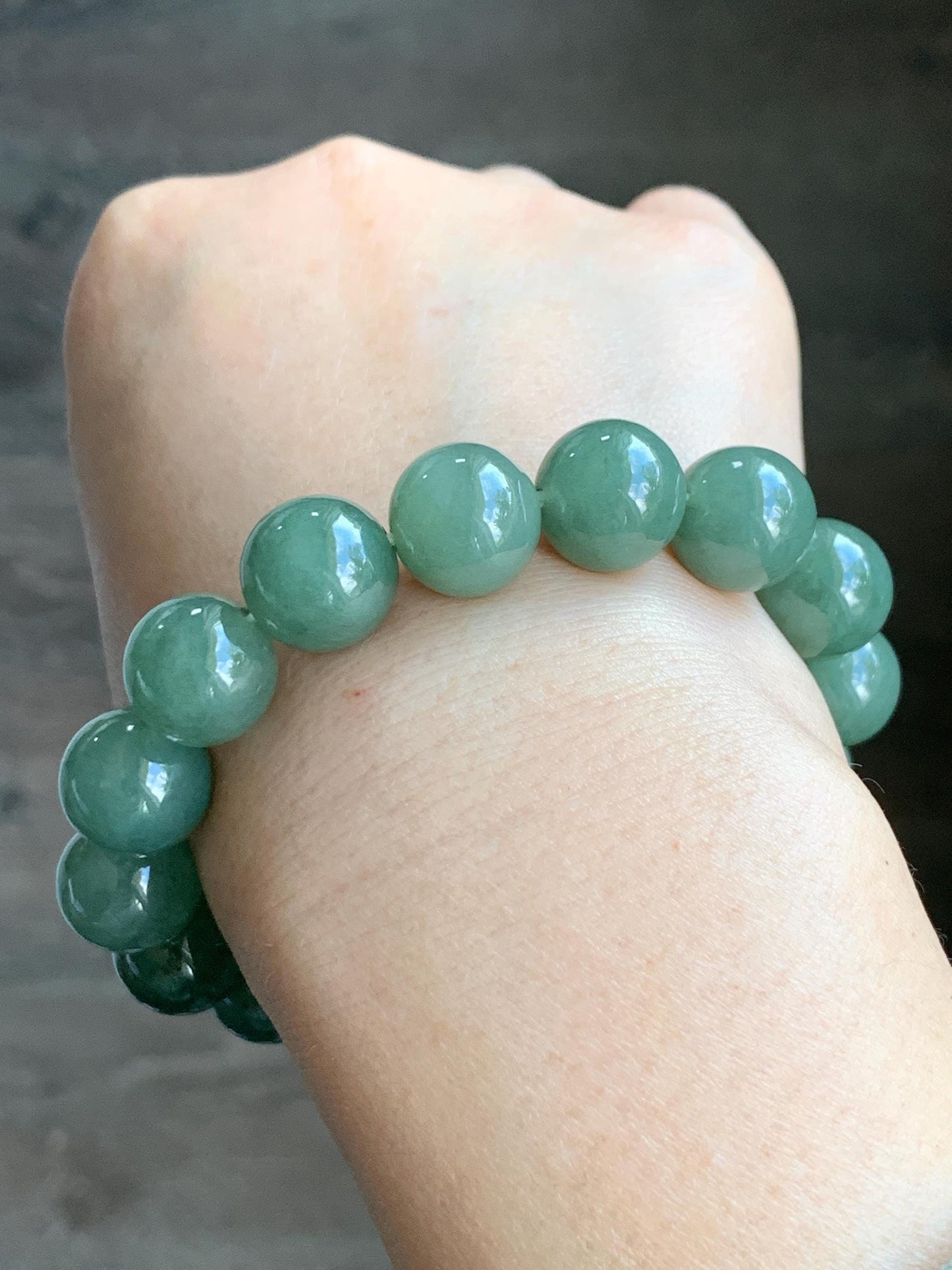 Natural Grade A Icy Translucent Gelatinous Olive Green Jadeite Large Beads Beaded Bracelet Stretchy 12.9mm 7.25” 59g 天然糯冰老油绿晴翡翠大卡手串 GLL440