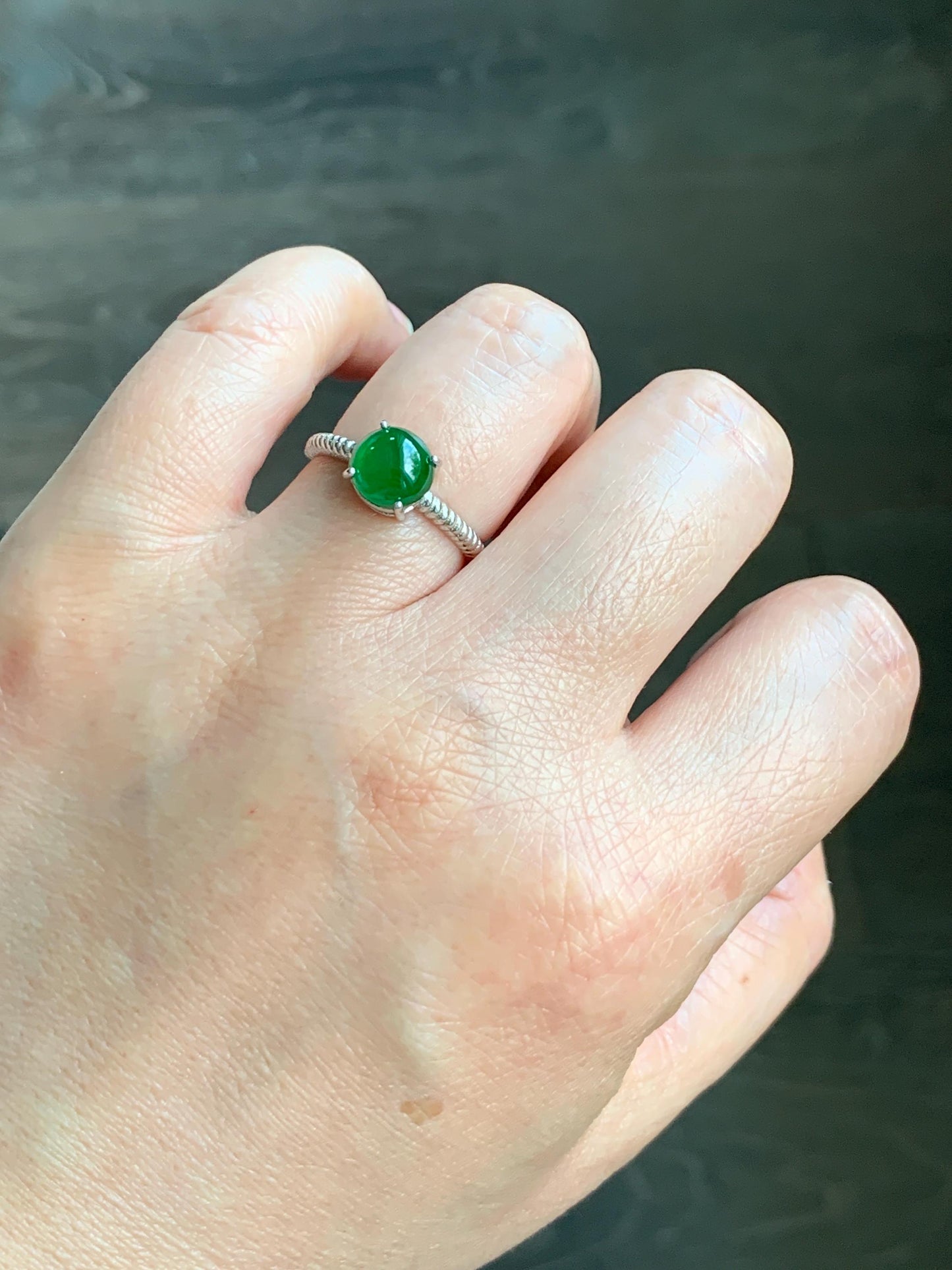 Natural Grade A Guatemalan Icy Translucent Vibrant Green Jadeite Solitaire Style Ring Sterling Silver Size Adjustable 天然冰危绿翡翠银镶戒指 XZJ88