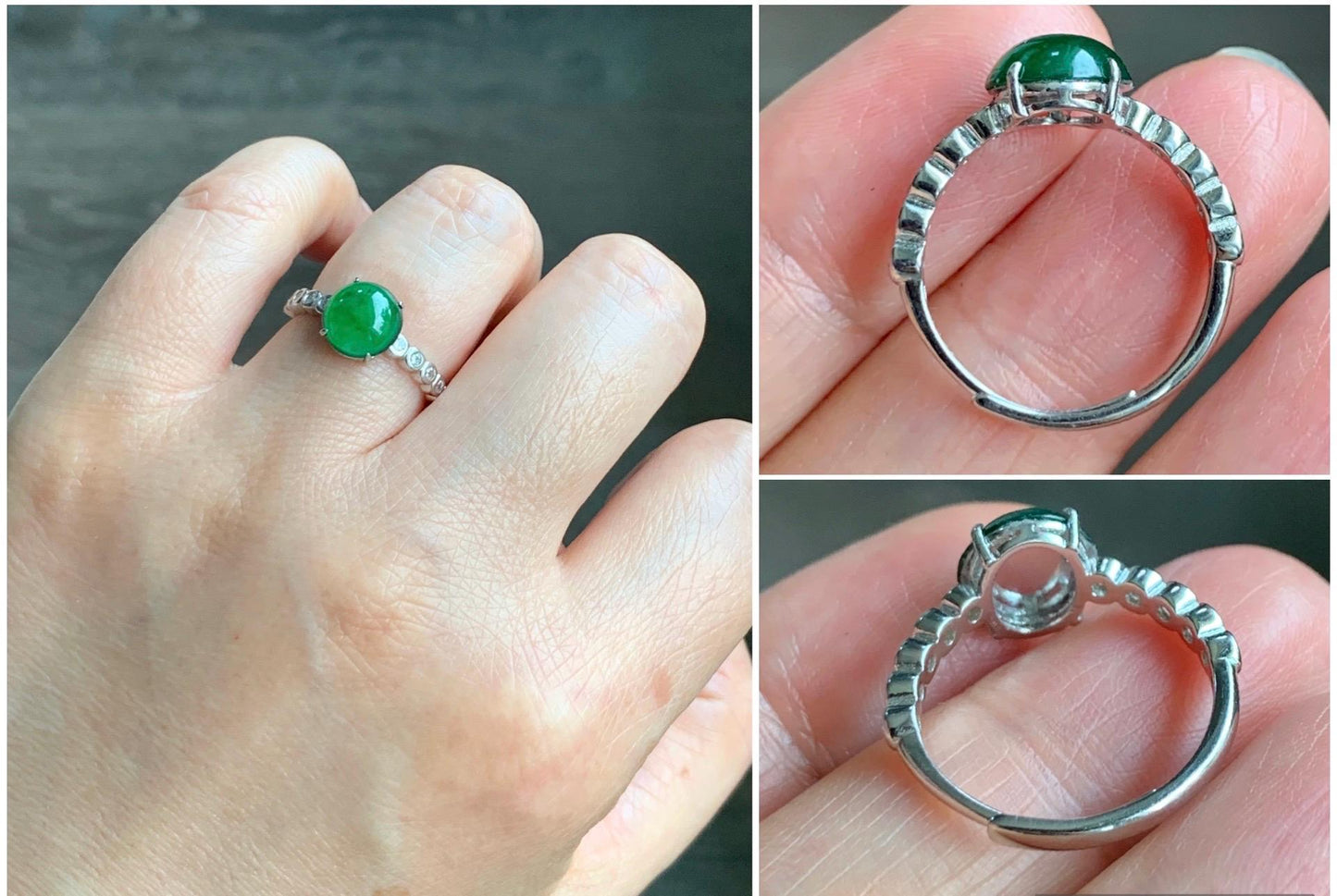 Natural Grade A Guatemalan Icy Translucent Vibrant Green Jadeite Solitaire Style Ring Sterling Silver Size Adjustable 天然冰危绿翡翠银镶戒指 WLY77
