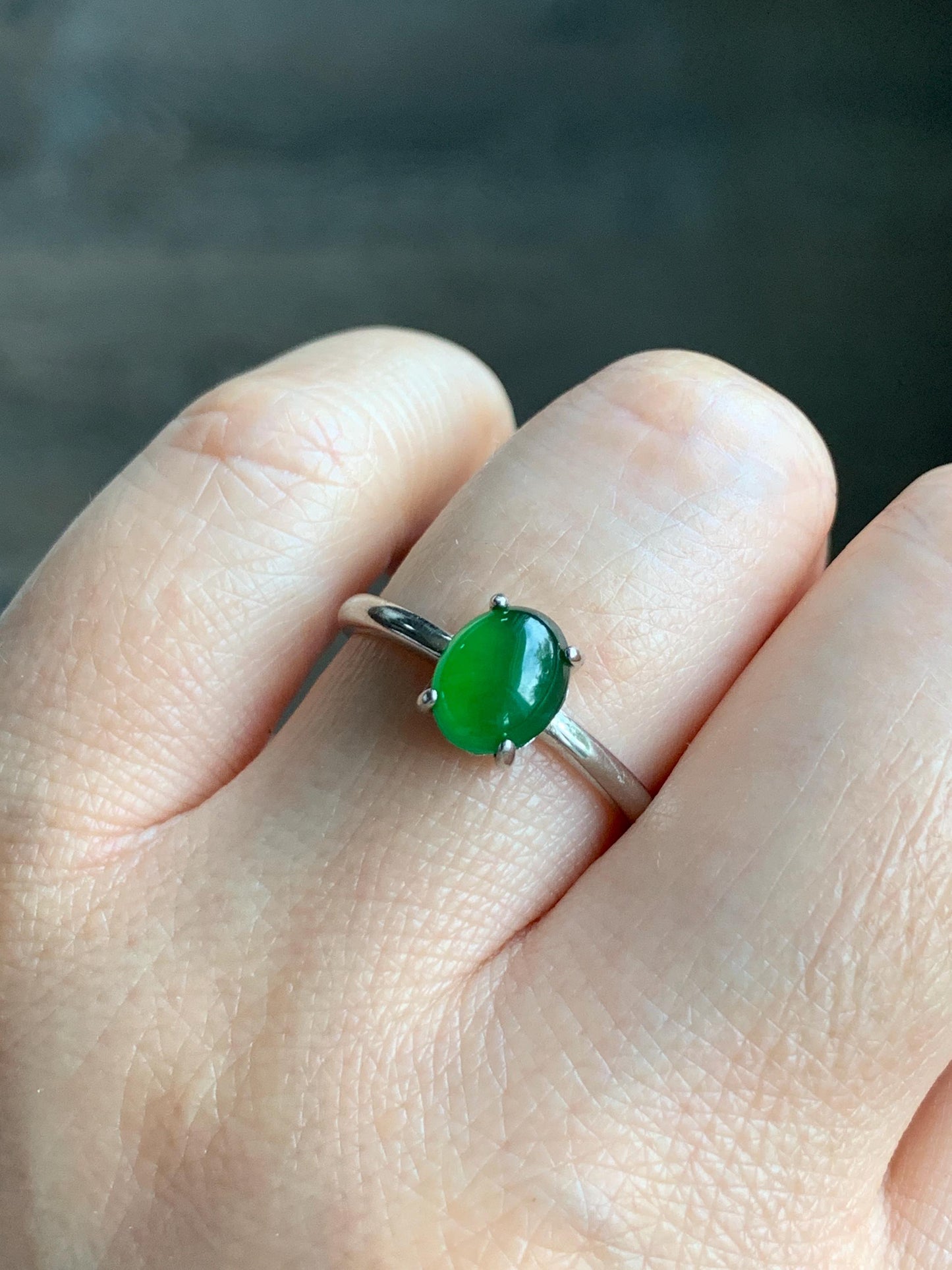 Natural Grade A Guatemalan Icy Translucent Vibrant Green Jadeite Solitaire Style Ring Sterling Silver Size Adjustable 天然冰危绿翡翠银镶戒指 TYL77