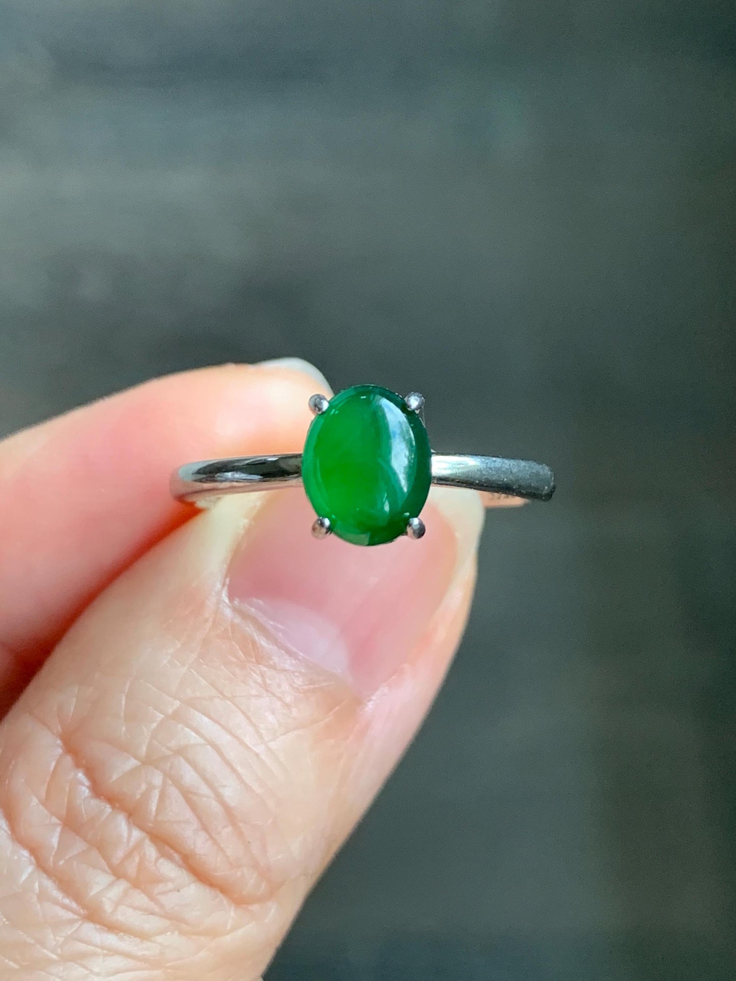 Natural Grade A Guatemalan Icy Translucent Vibrant Green Jadeite Solitaire Style Ring Sterling Silver Size Adjustable 天然冰危绿翡翠银镶戒指 TYL77