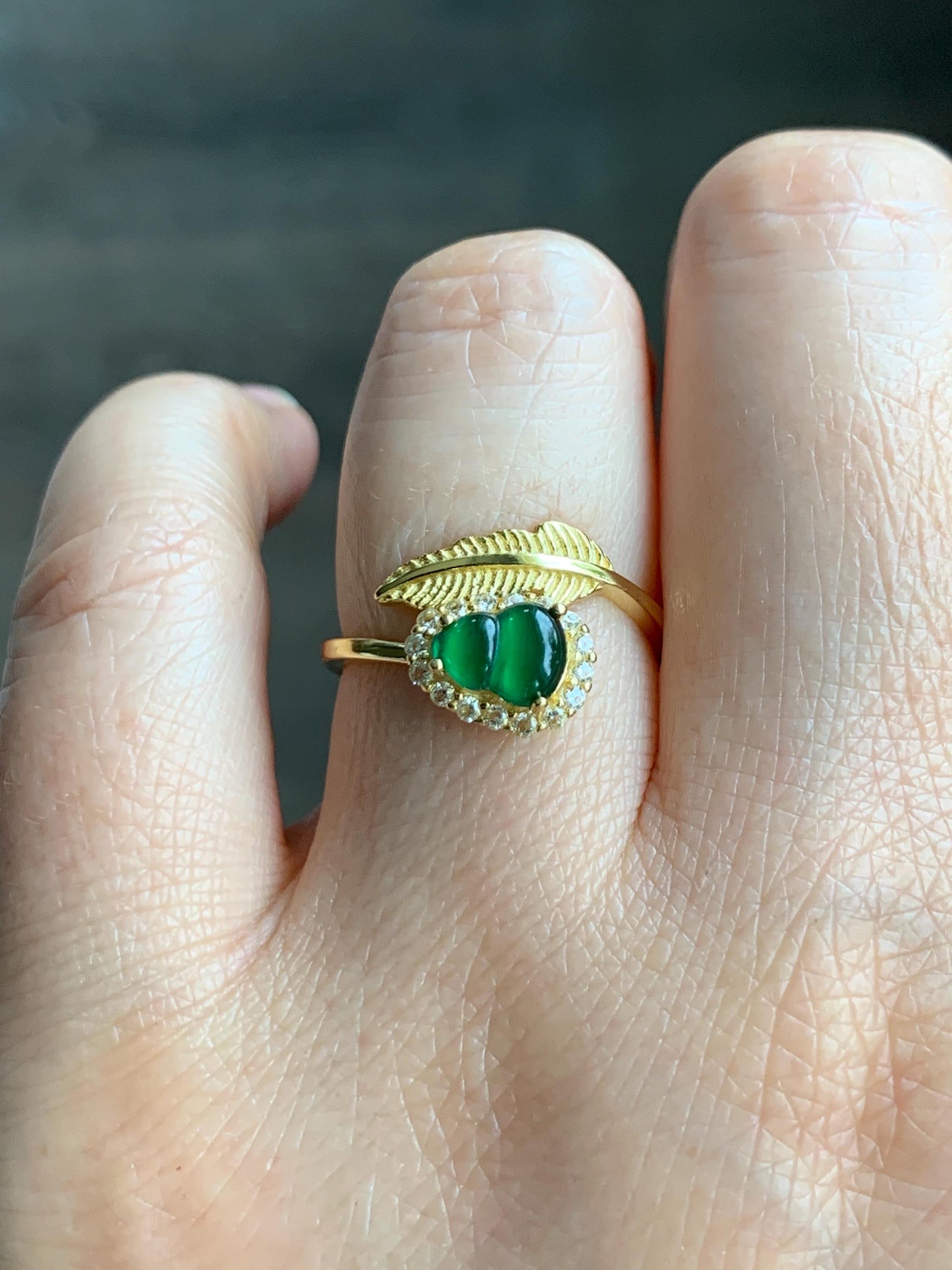 Natural Grade A Guatemalan Icy Translucent Intense Green Jadeite Hulu Gourd Ring Sterling Silver Yellow Gold Finish 天然冰危绿翡翠葫芦银镶戒指 JHL66